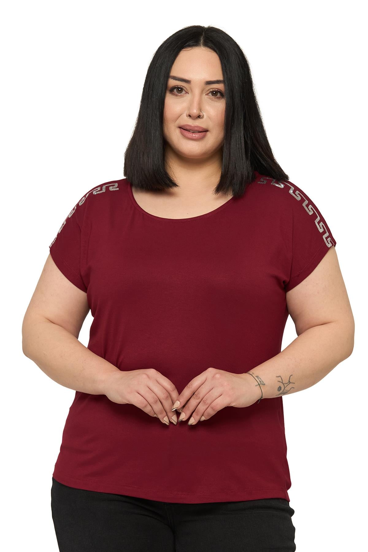 Büyük Beden Düşük Kısa Kollu Omuzda Şerit Desenli Bordo Bluz