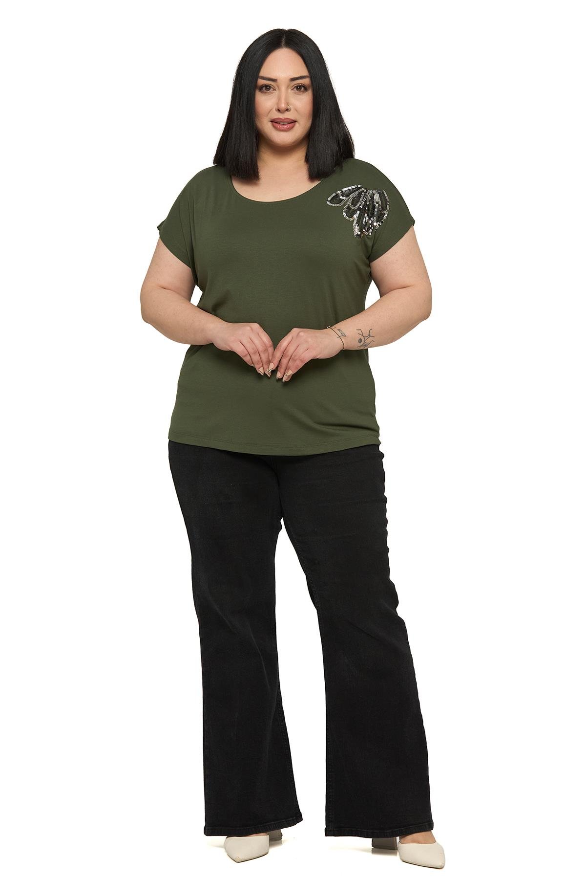 Büyük Beden Düşük Kısa Kollu Omuzda Damla Desenli Haki Bluz