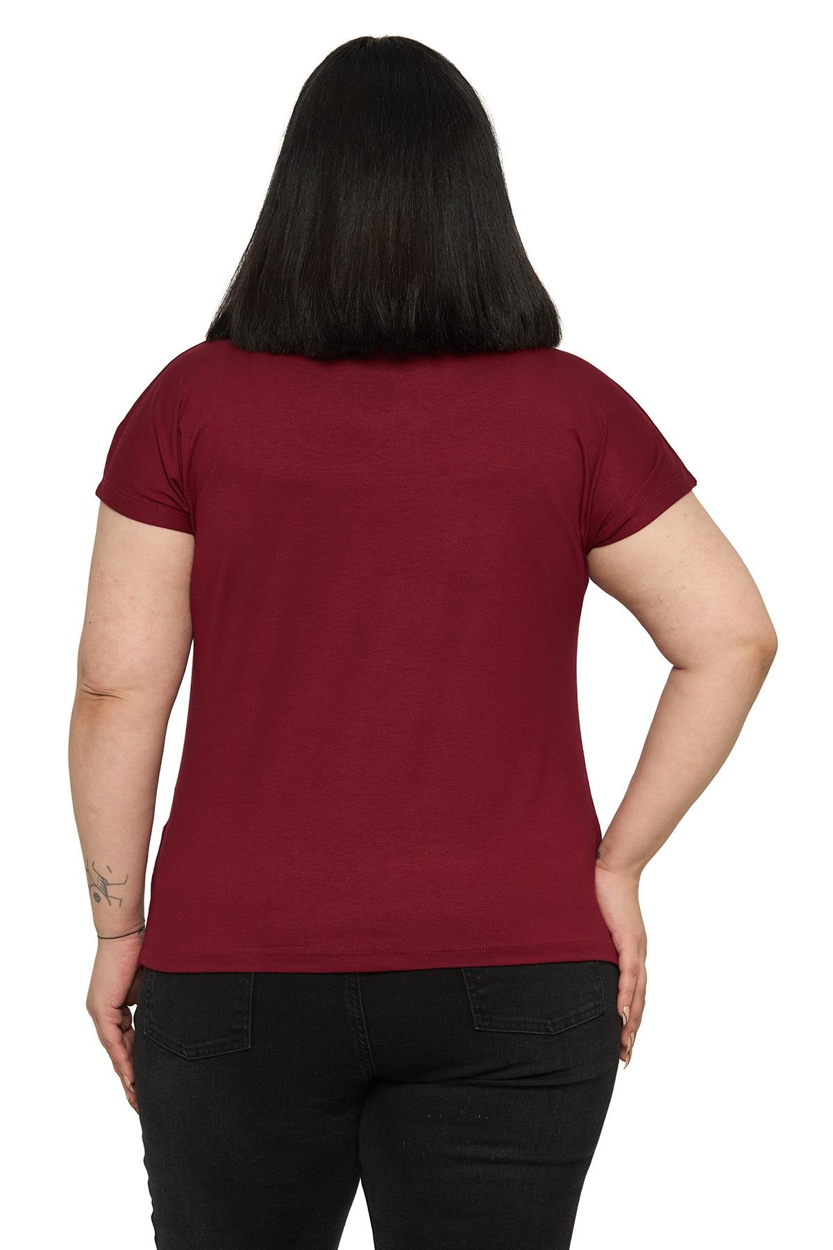 Büyük Beden Düşük Kısa Kollu Omuzda Damla Desenli Bordo Bluz