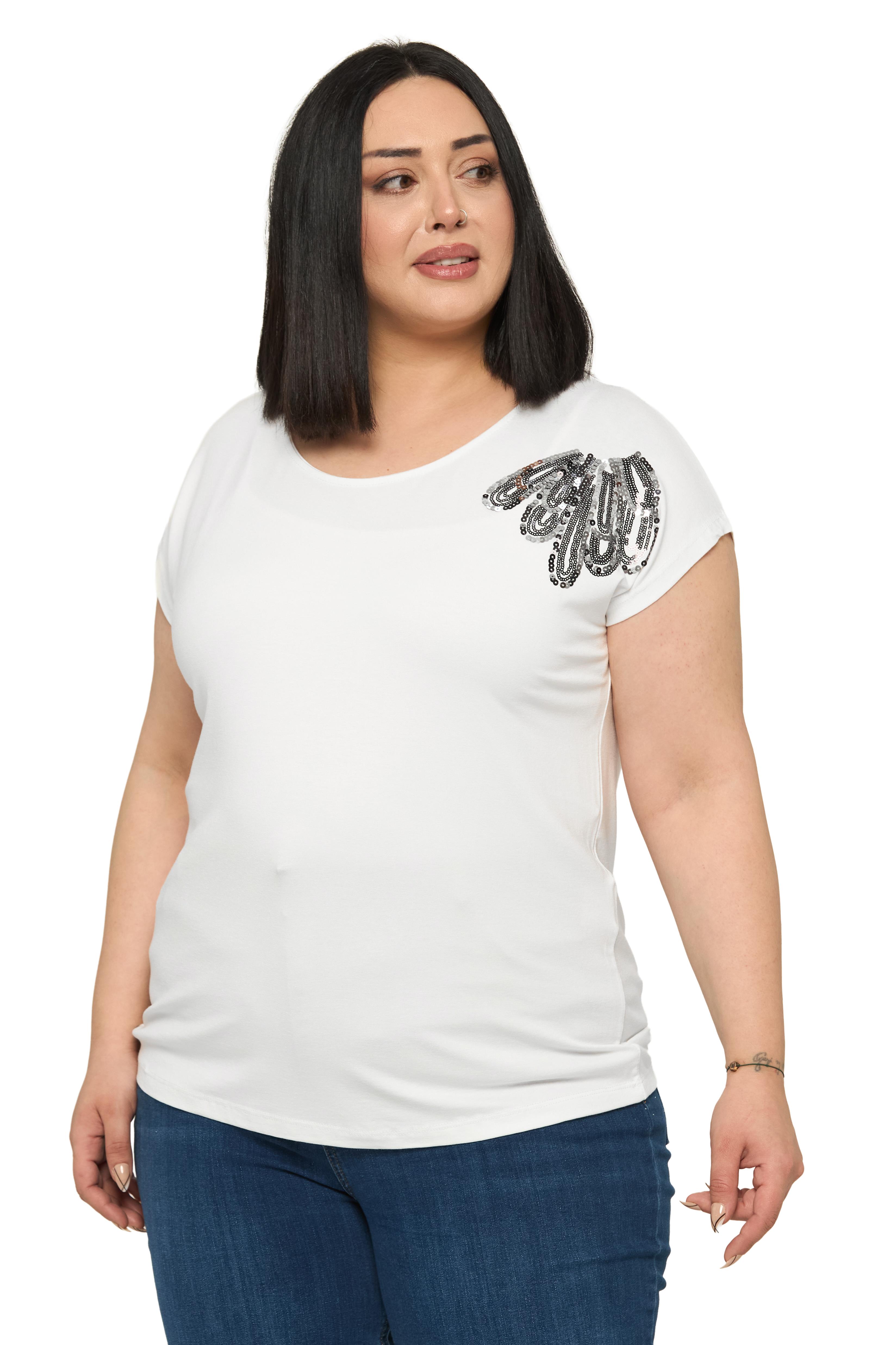 Büyük Beden Düşük Kısa Kollu Omuzda Damla Desenli Ekru Bluz