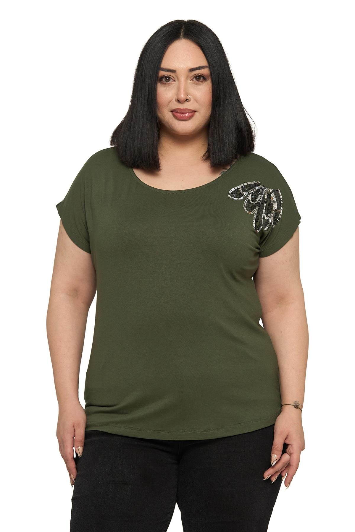 Büyük Beden Düşük Kısa Kollu Omuzda Damla Desenli Haki Bluz