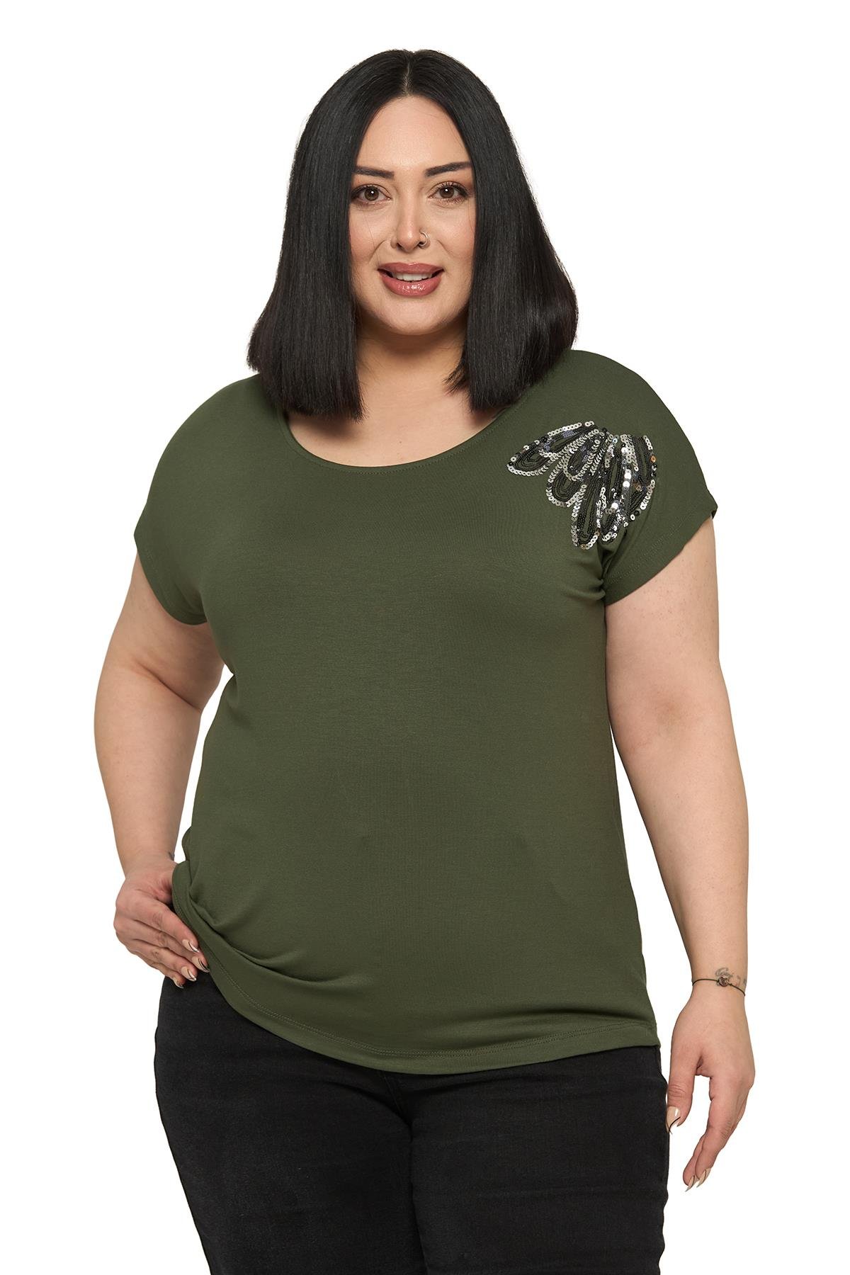 Büyük Beden Düşük Kısa Kollu Omuzda Damla Desenli Haki Bluz