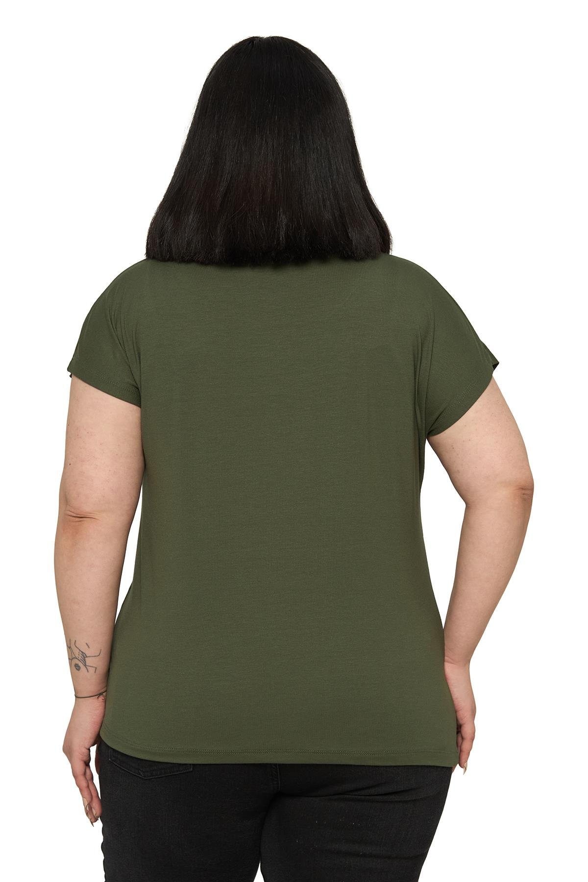 Büyük Beden Düşük Kısa Kollu Omuzda Damla Desenli Haki Bluz