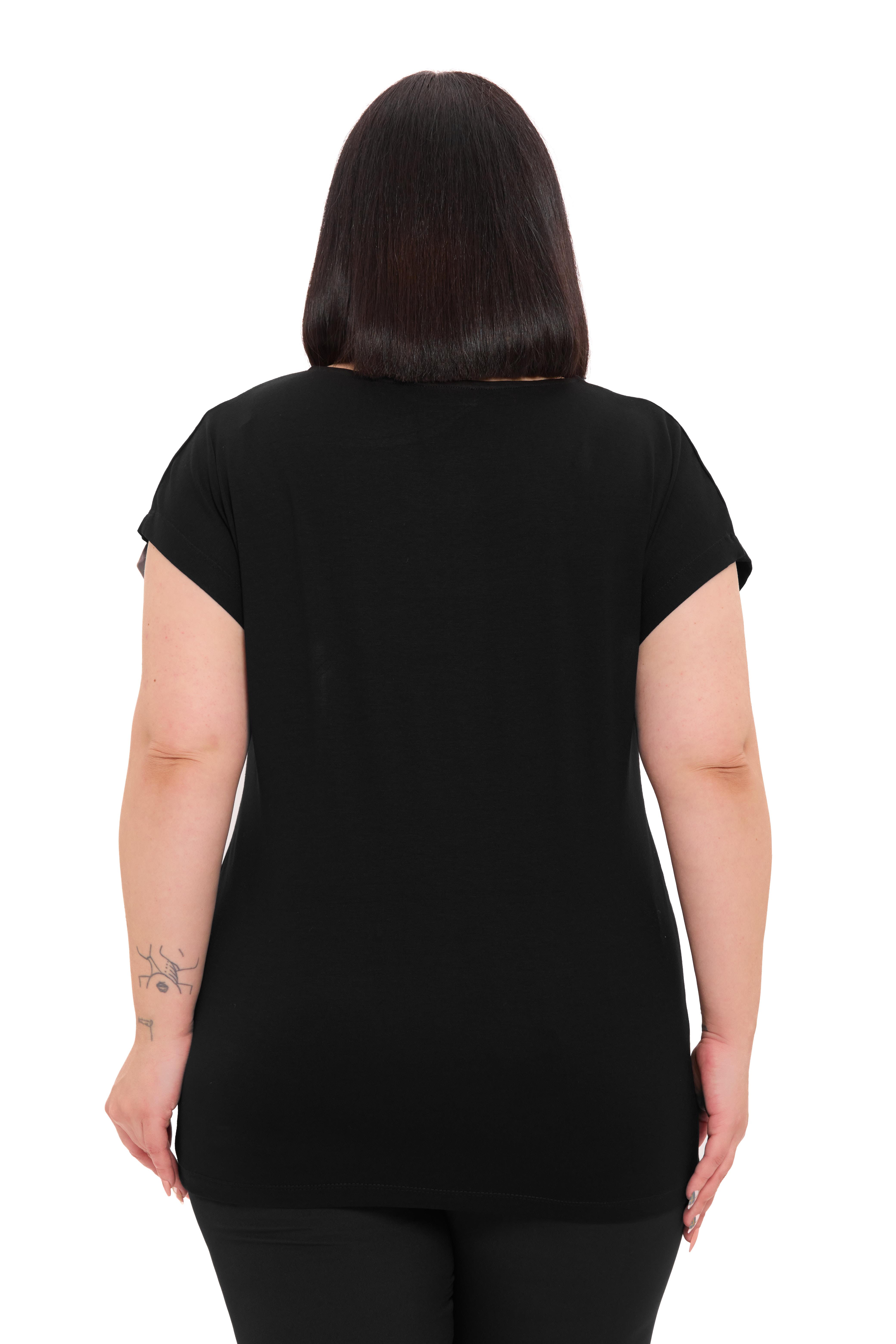 Büyük Beden Düşük Kısa Kollu Omuzda Damla Desenli Siyah Bluz