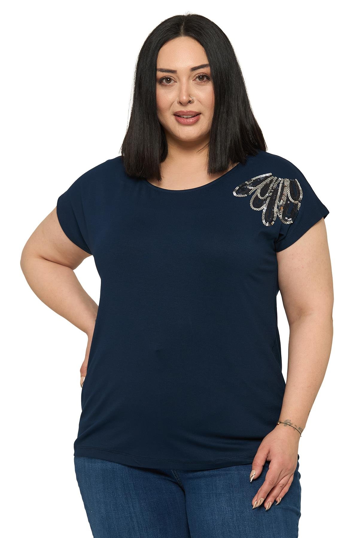Büyük Beden Düşük Kısa Kollu Omuzda Damla Desenli Lacivert Bluz