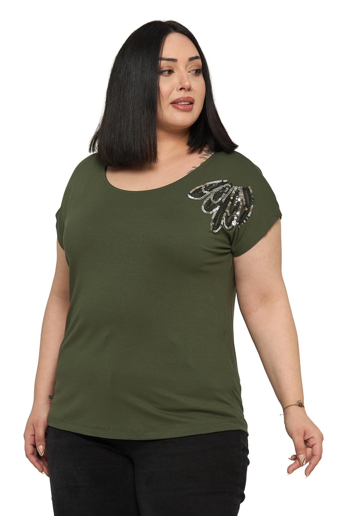 Büyük Beden Düşük Kısa Kollu Omuzda Damla Desenli Haki Bluz