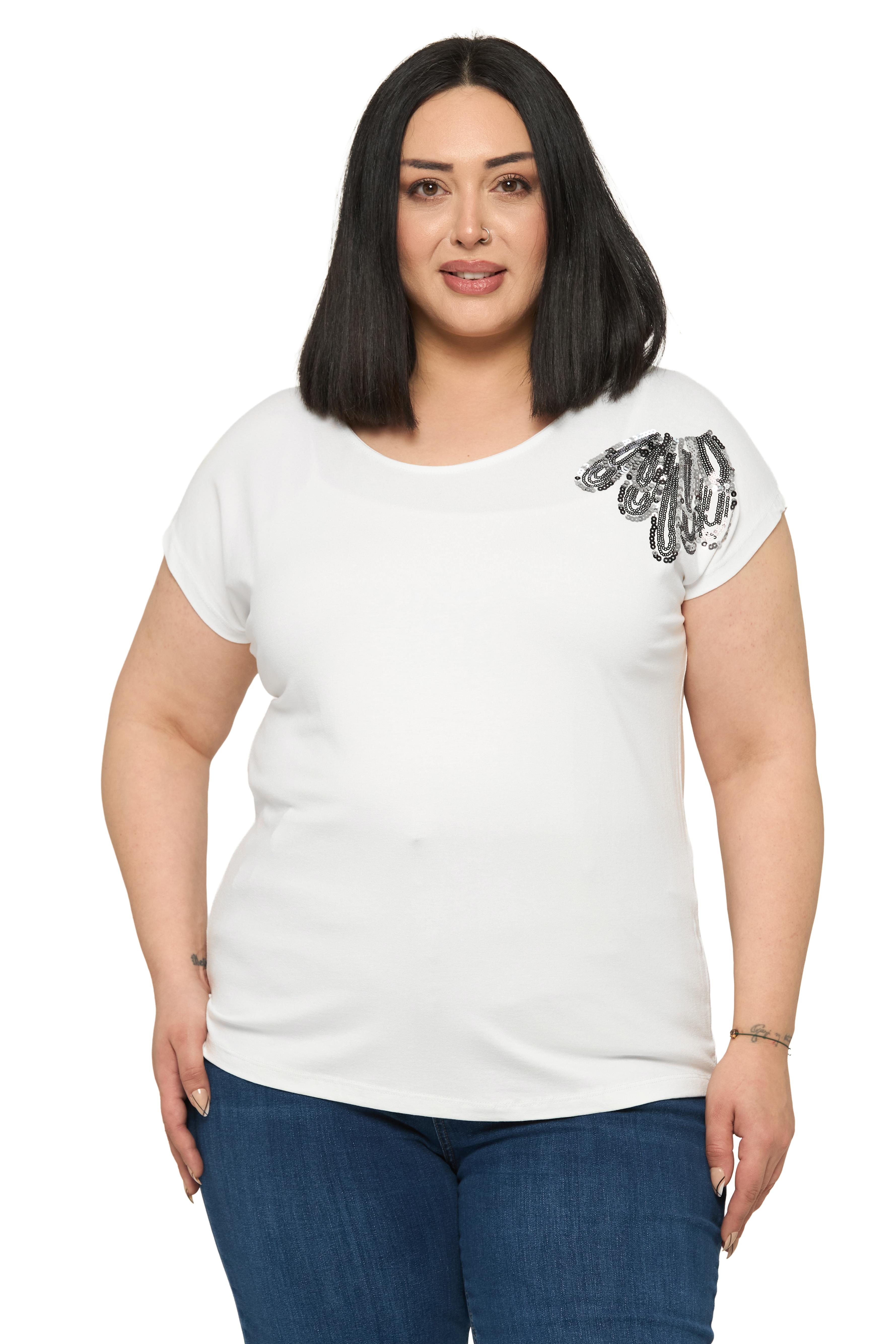 Büyük Beden Düşük Kısa Kollu Omuzda Damla Desenli Ekru Bluz