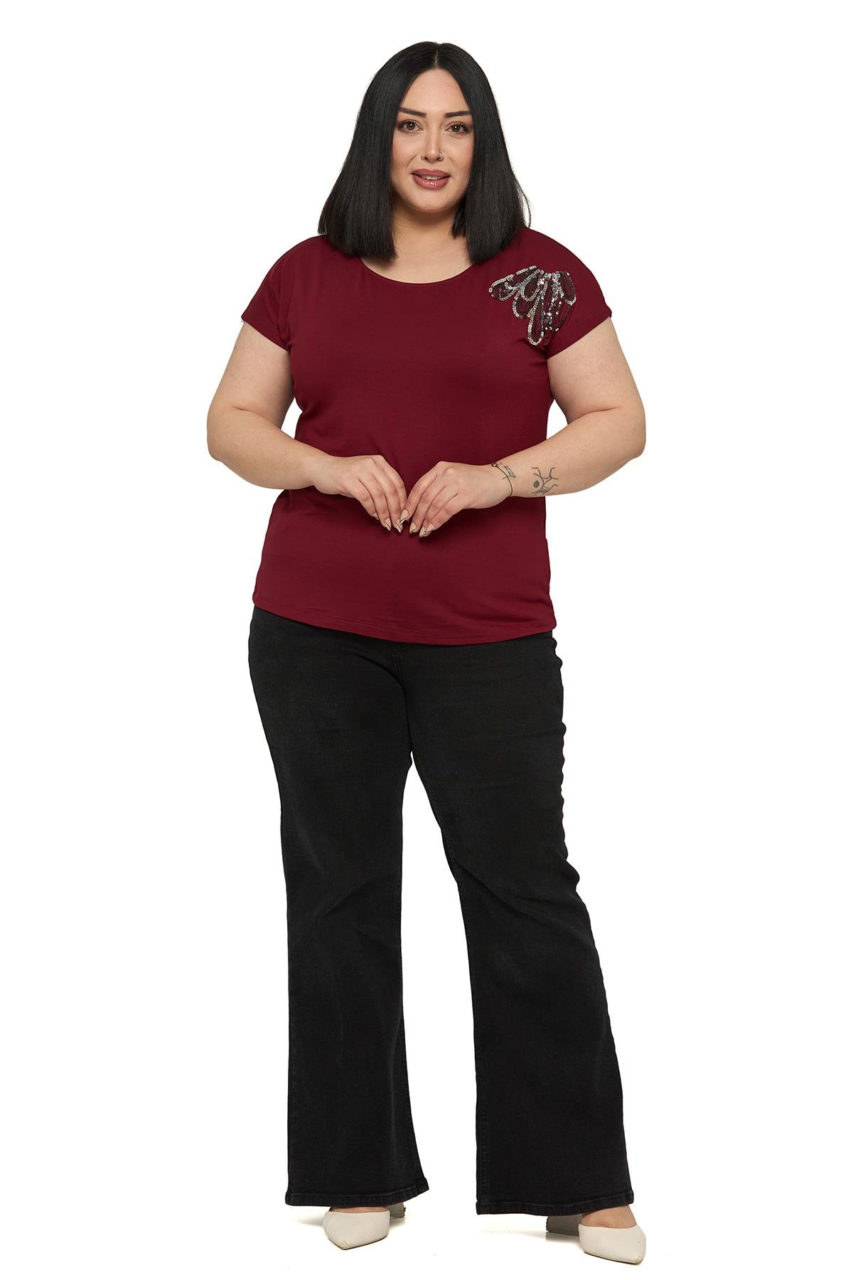 Büyük Beden Düşük Kısa Kollu Omuzda Damla Desenli Bordo Bluz