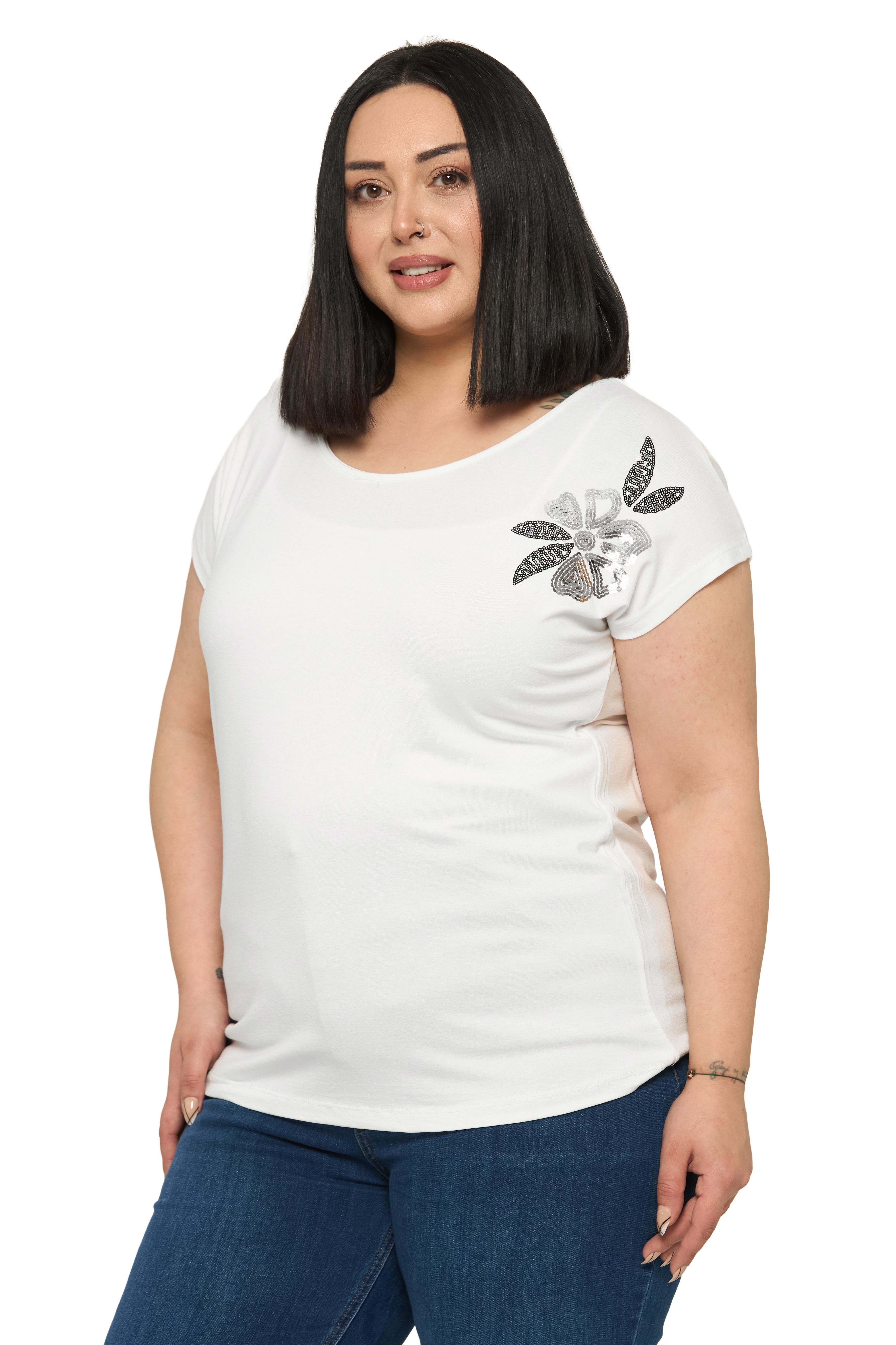 Büyük Beden Düşük Kısa Kollu Omuzda Papatya Desenli Ekru Bluz