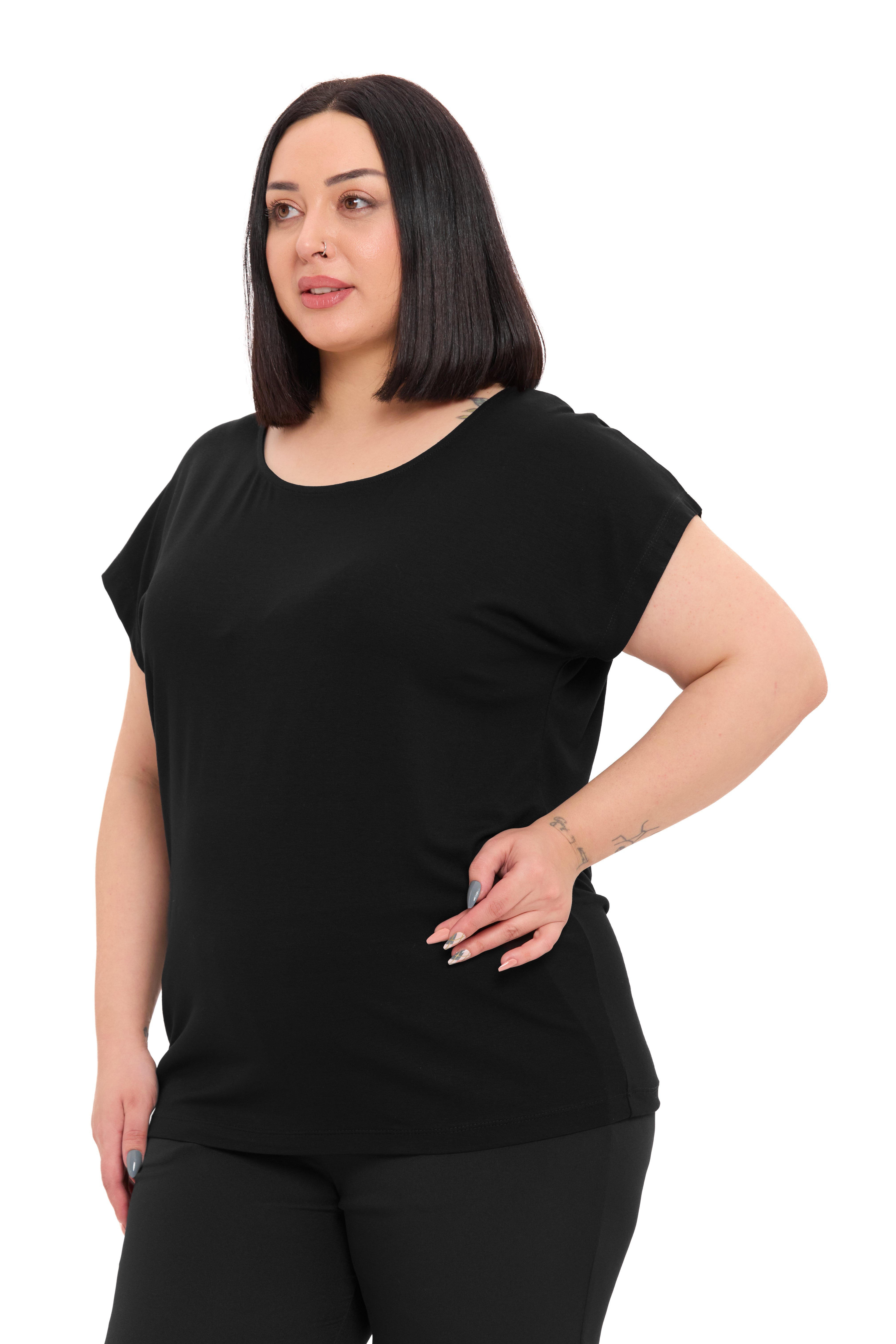 Büyük Beden Düşük Kısa Kollu Siyah Bluz
