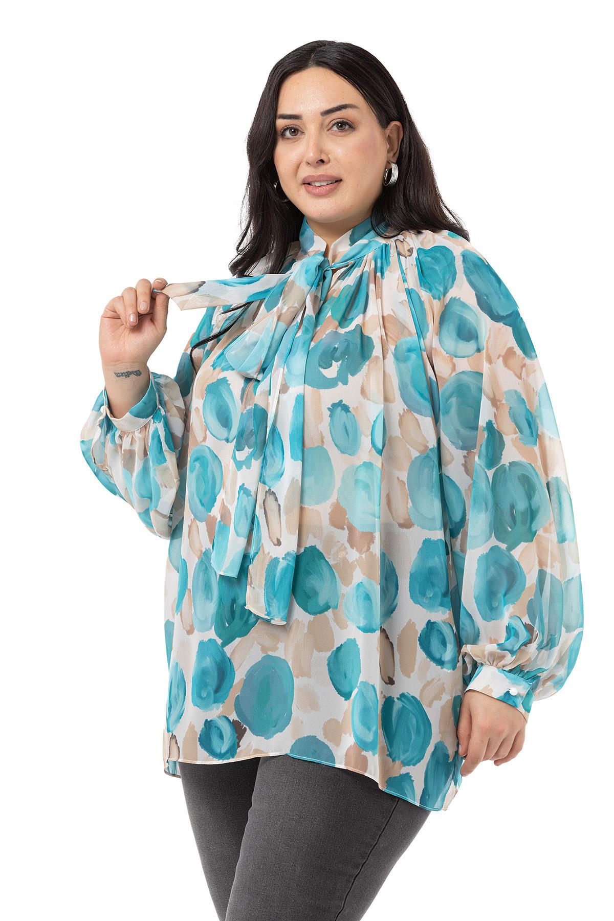 Plus Size Chiffon Turquoise Blouse with Pleated Back and Wide Cut Cuffs and Scarf