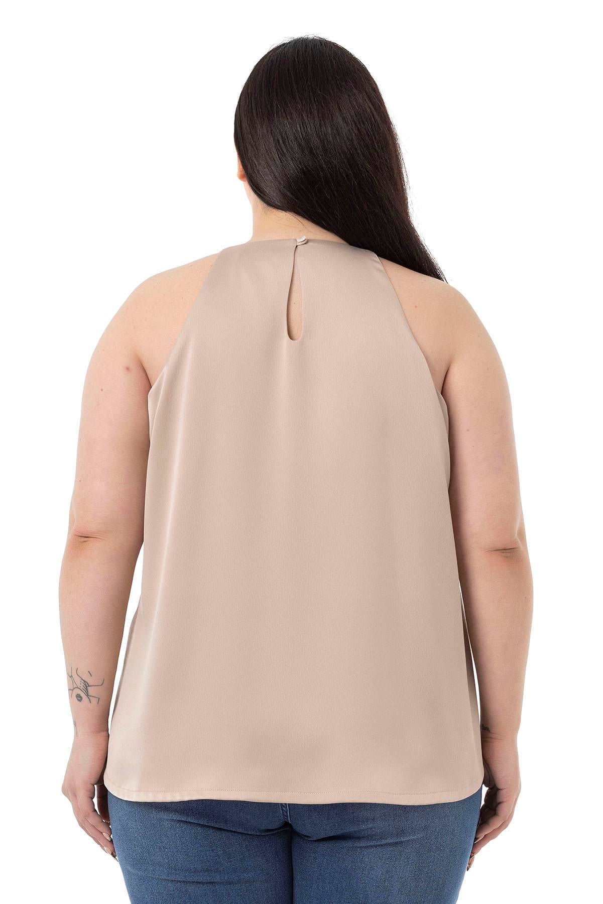 Plus Size Halter Neck Satin Textured Lined Beige Blouse