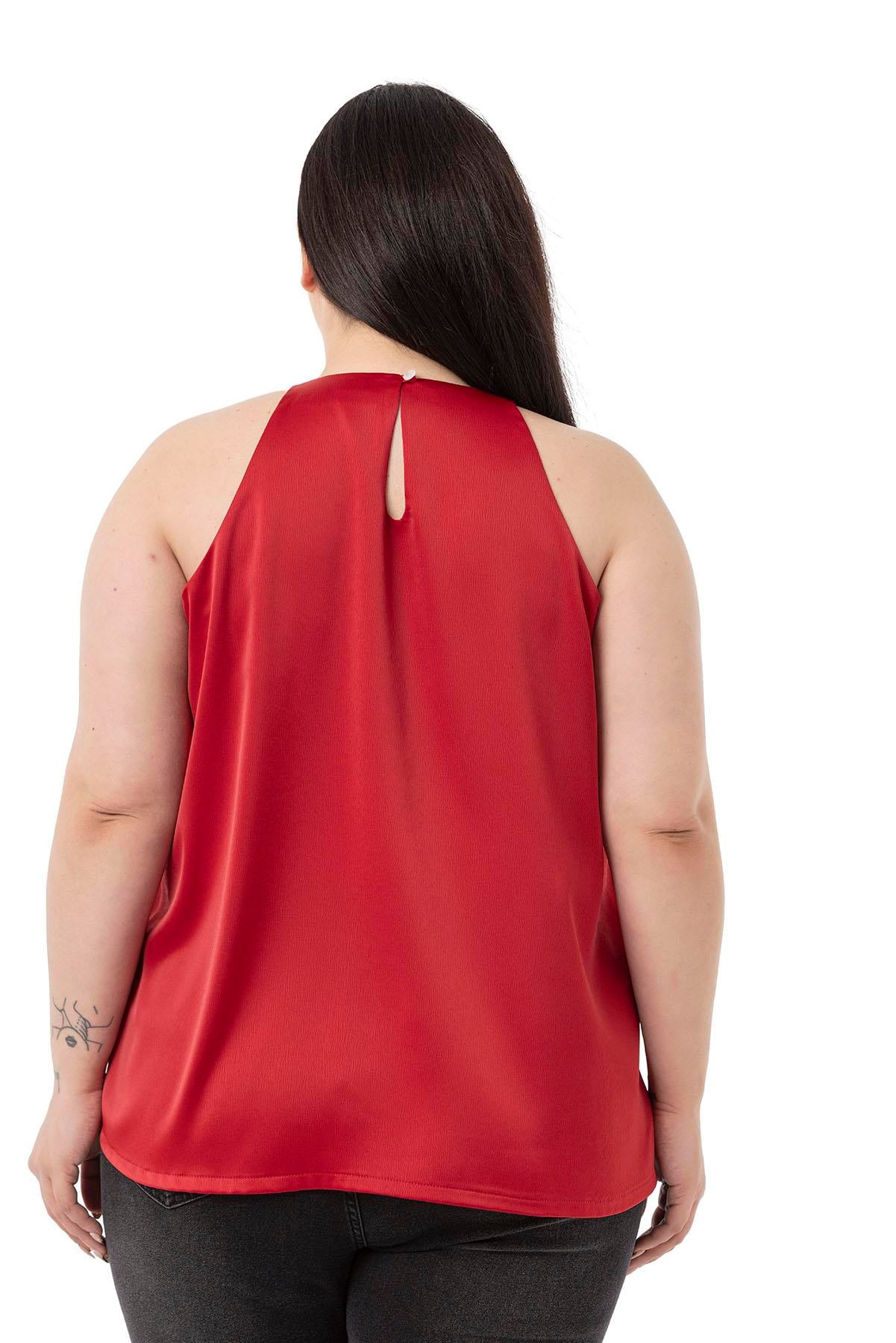 Plus Size Halter Neck Satin Textured Lined Red Blouse