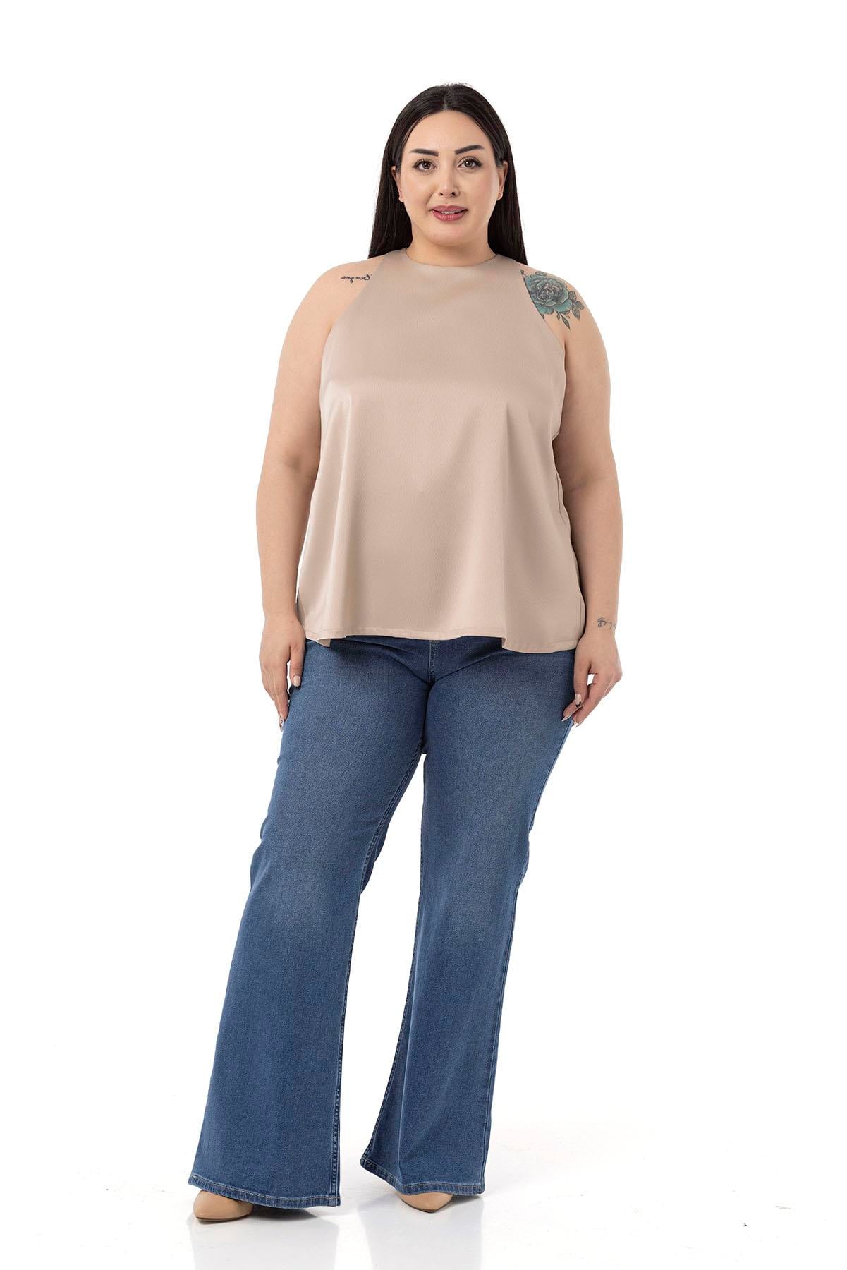 Plus Size Halter Neck Satin Textured Lined Beige Blouse