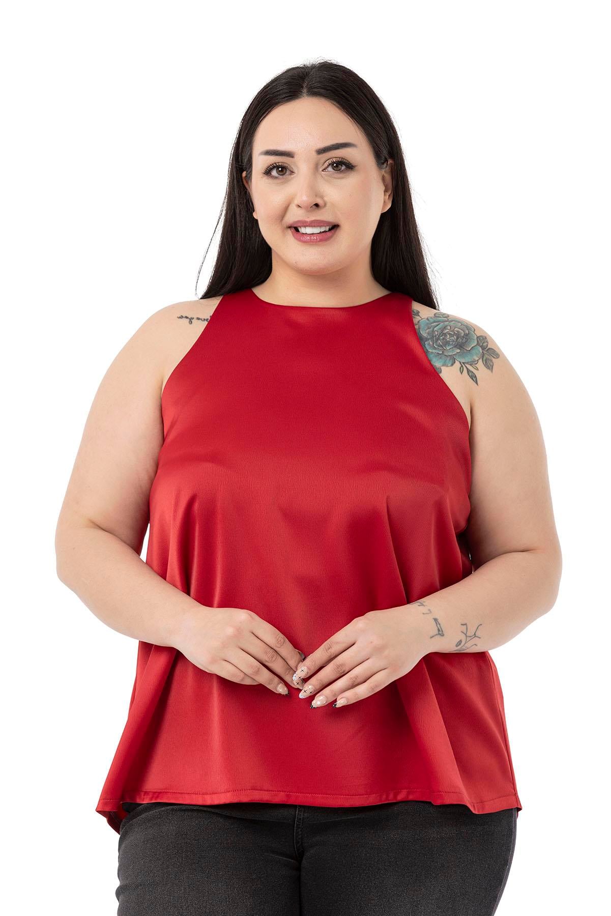 Plus Size Halter Neck Satin Textured Lined Red Blouse