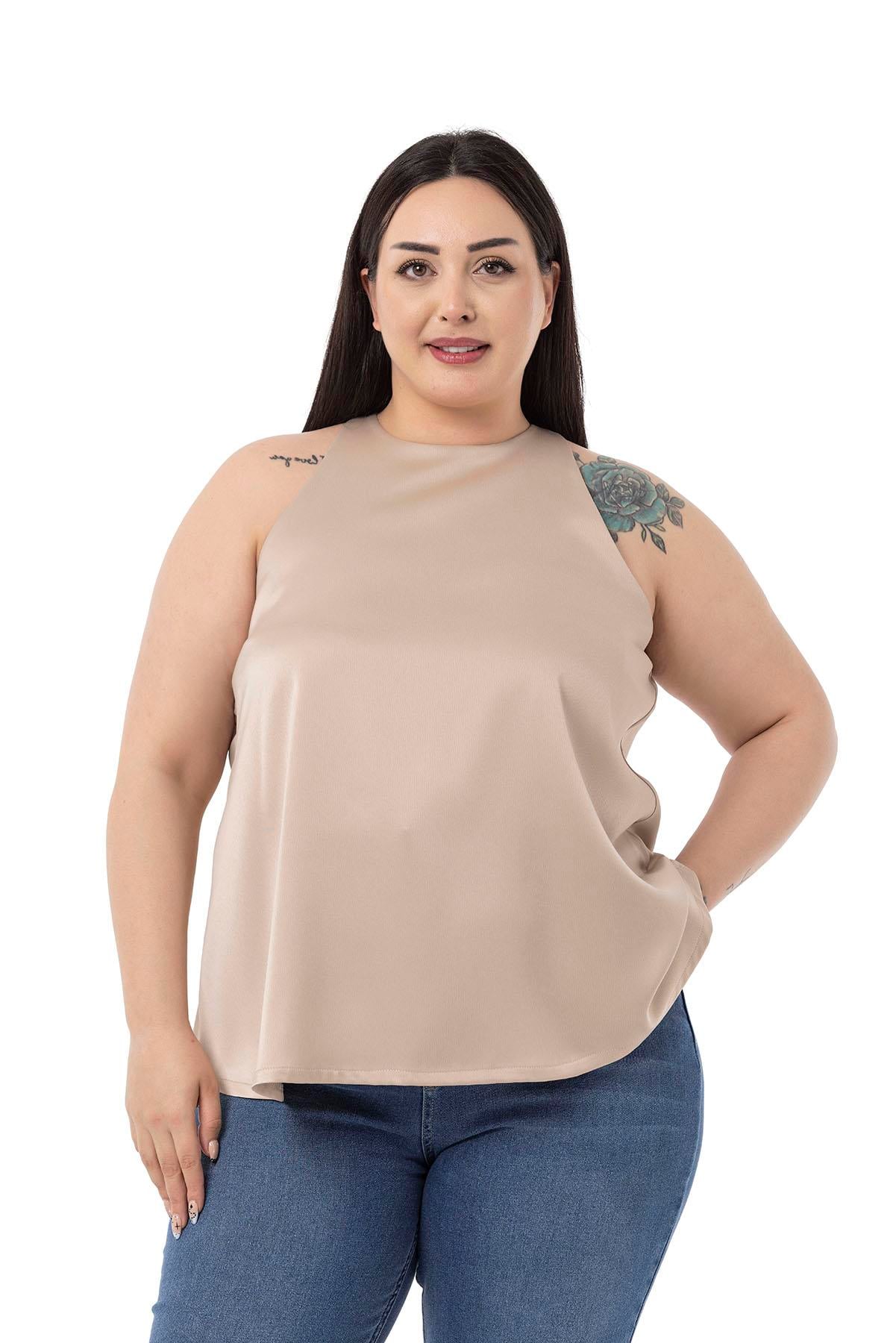 Plus Size Halter Neck Satin Textured Lined Beige Blouse