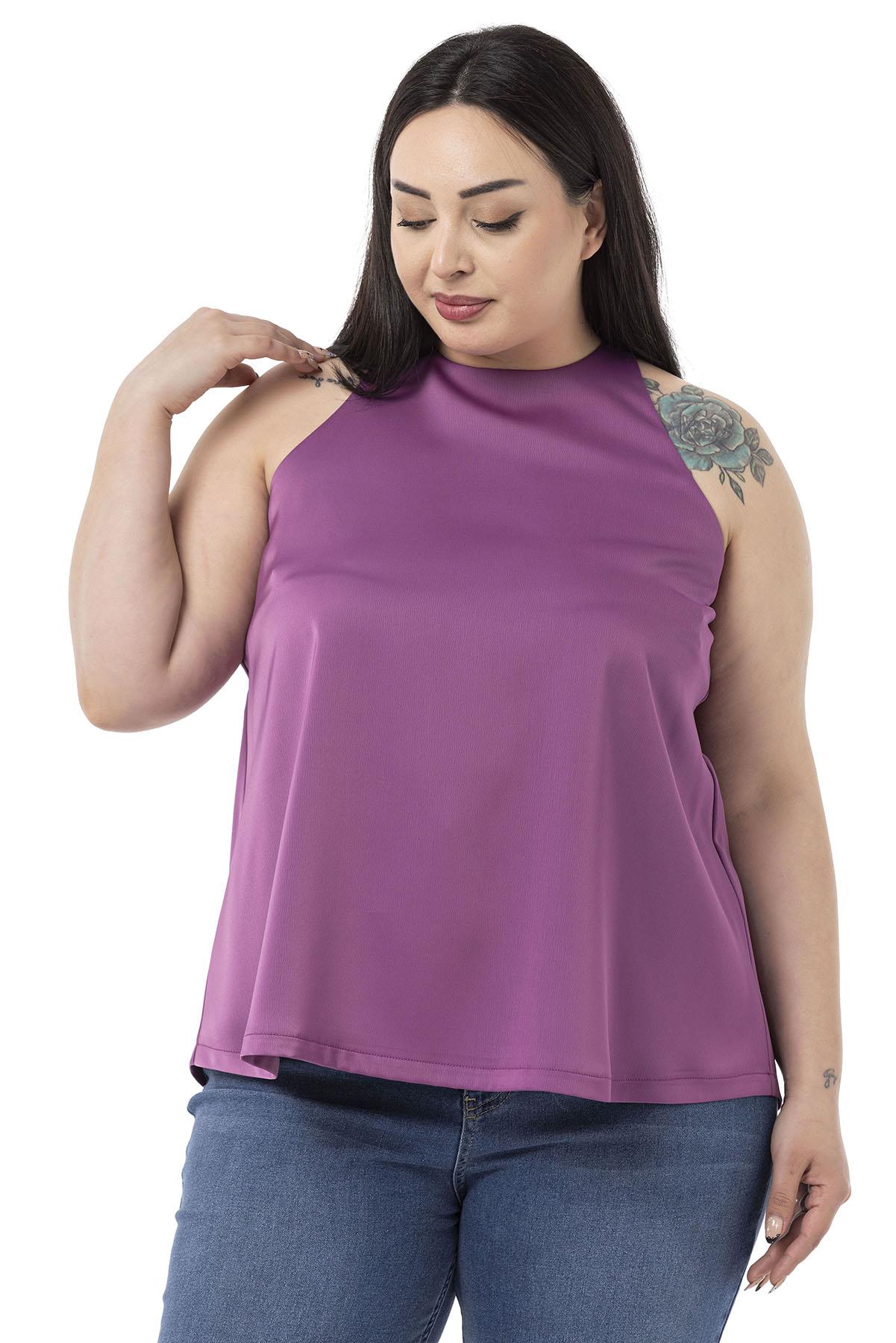 Plus Size Halter Neck Satin Textured Lined Lilac Blouse