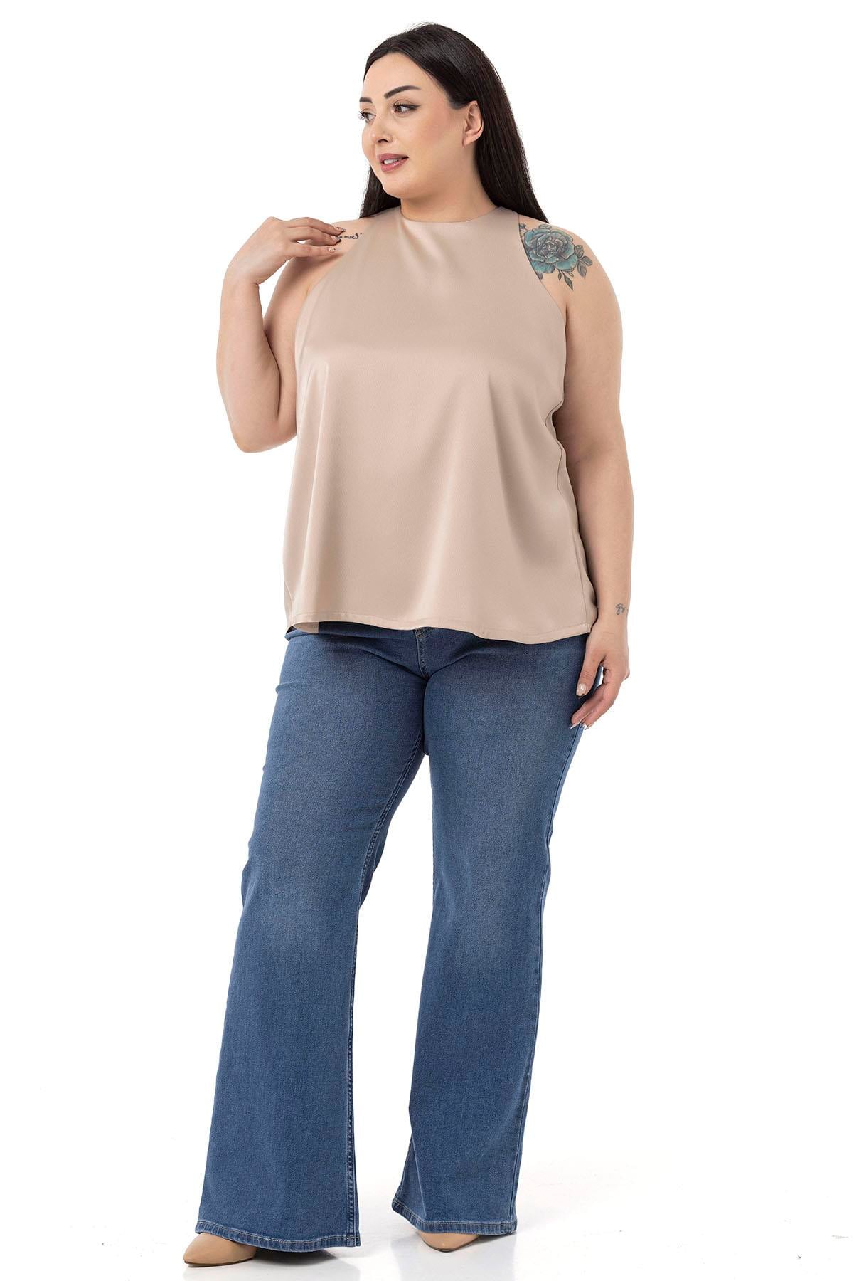 Plus Size Halter Neck Satin Textured Lined Beige Blouse