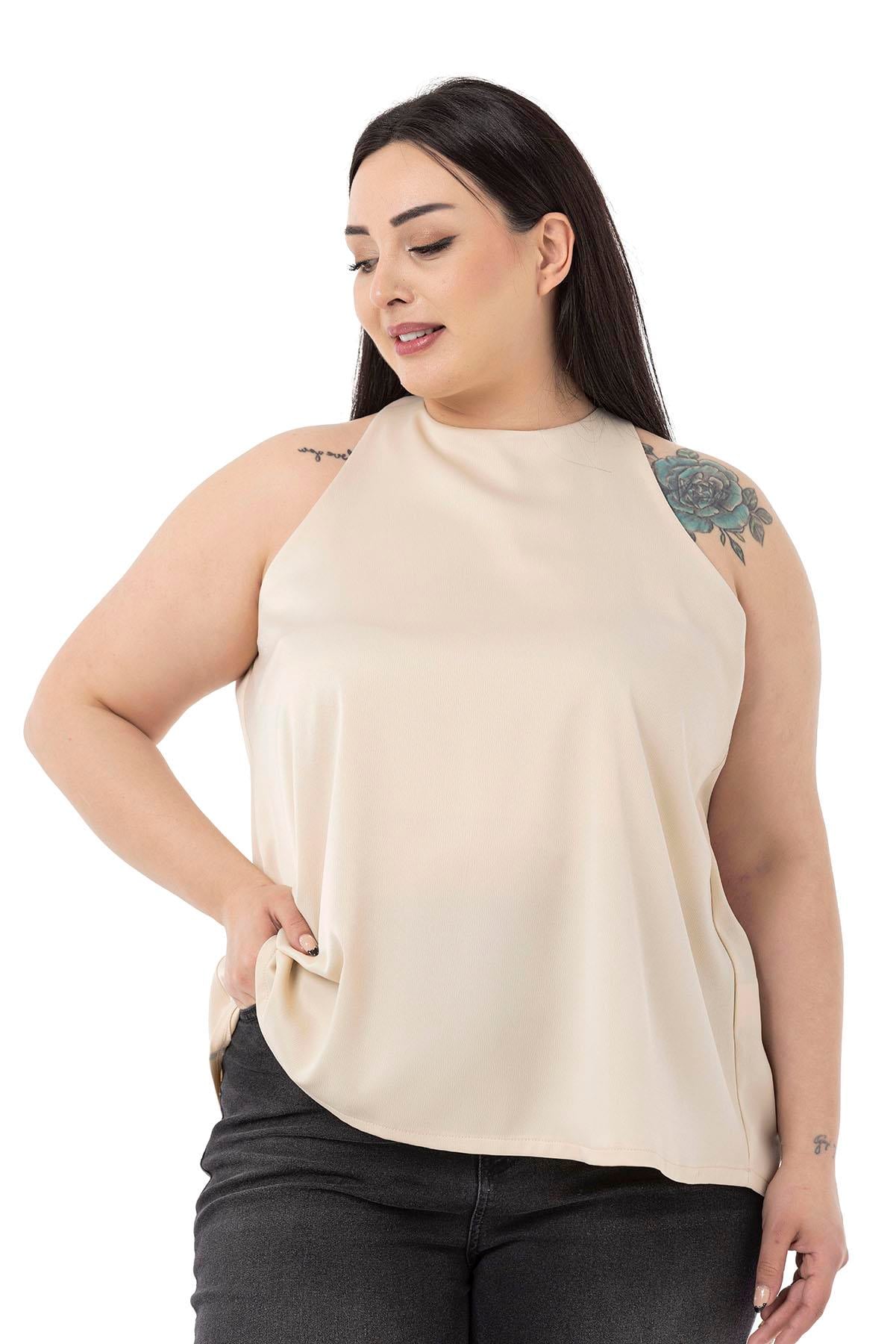 Plus Size Halter Neck Satin Textured Lined Offwhite Blouse