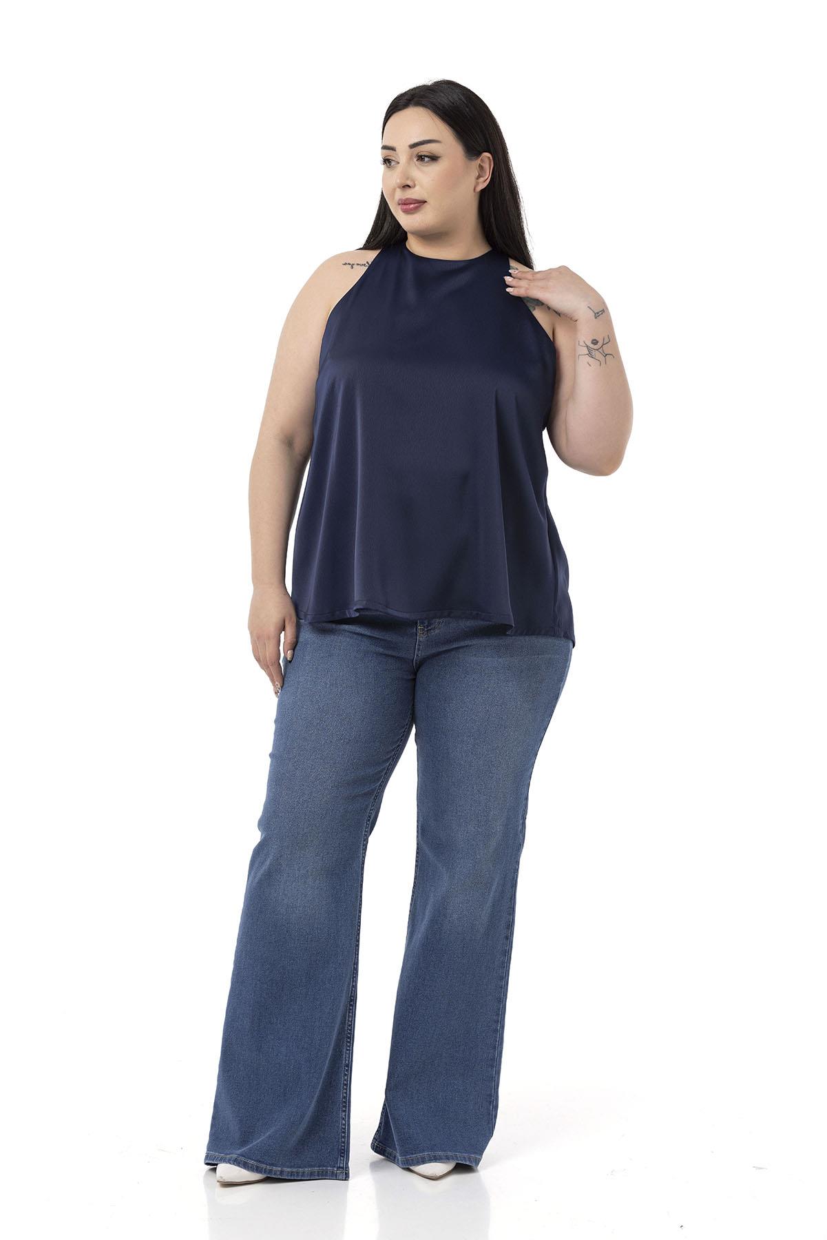 Plus Size Halter Neck Satin Textured Lined Navy Blue Blouse
