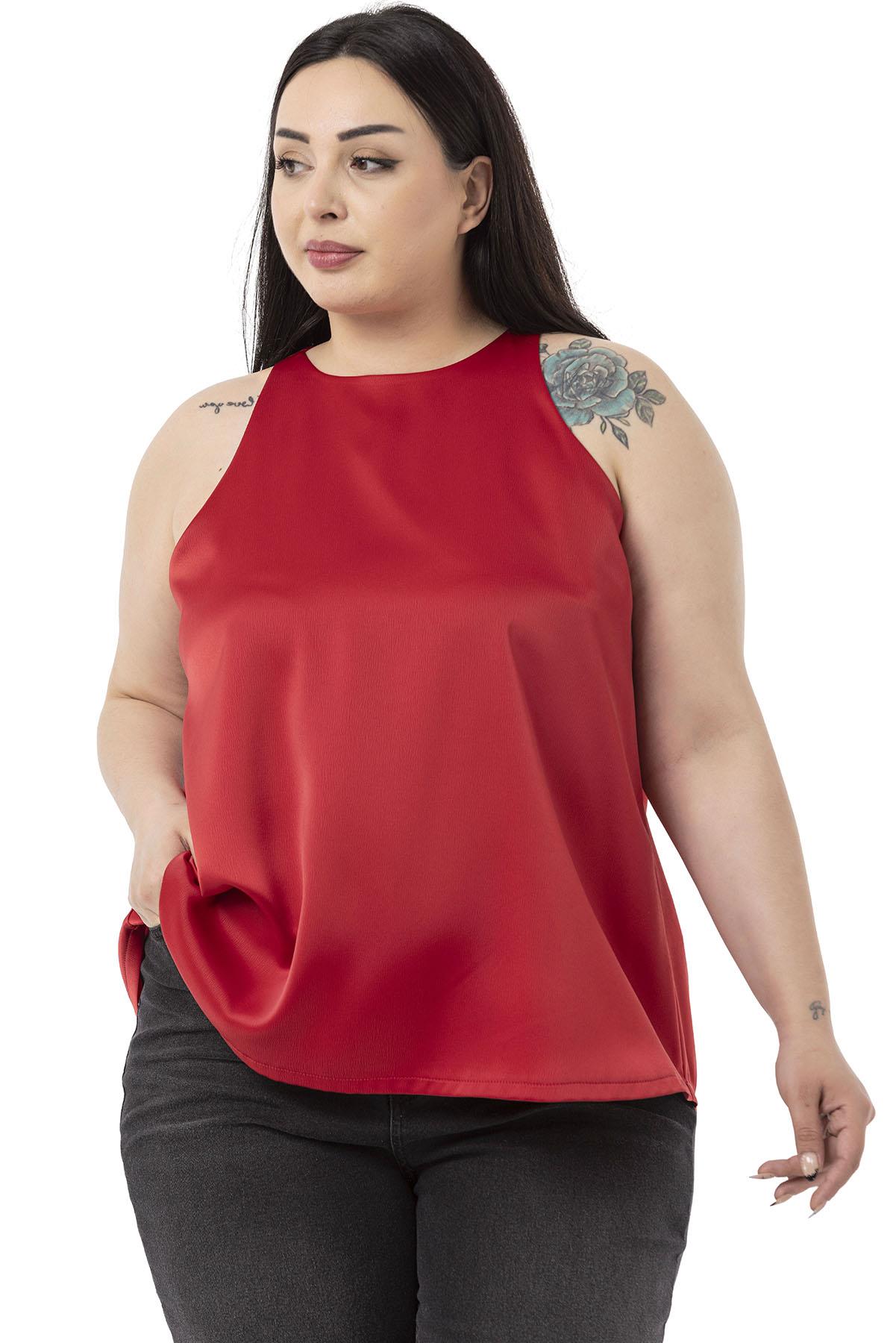 Plus Size Halter Neck Satin Textured Lined Red Blouse