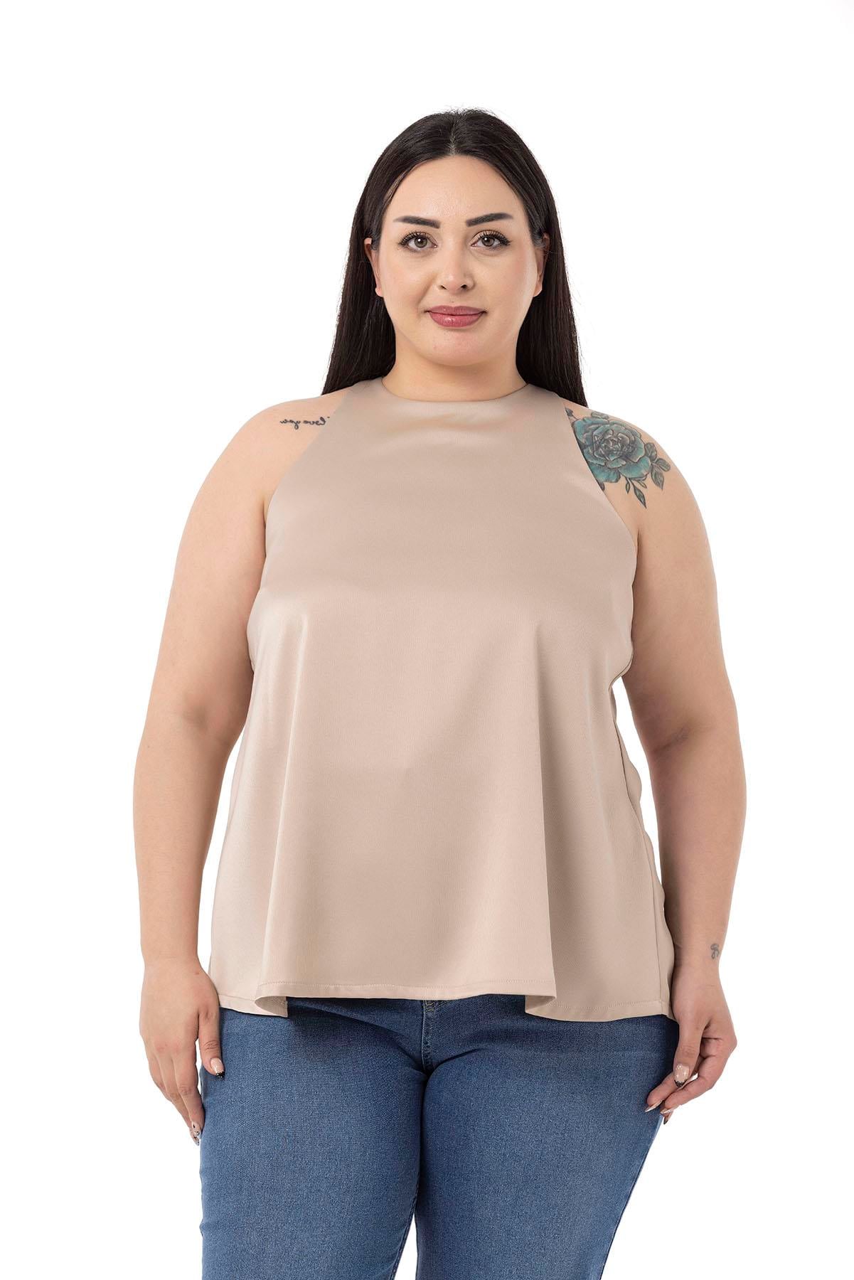 Plus Size Halter Neck Satin Textured Lined Beige Blouse