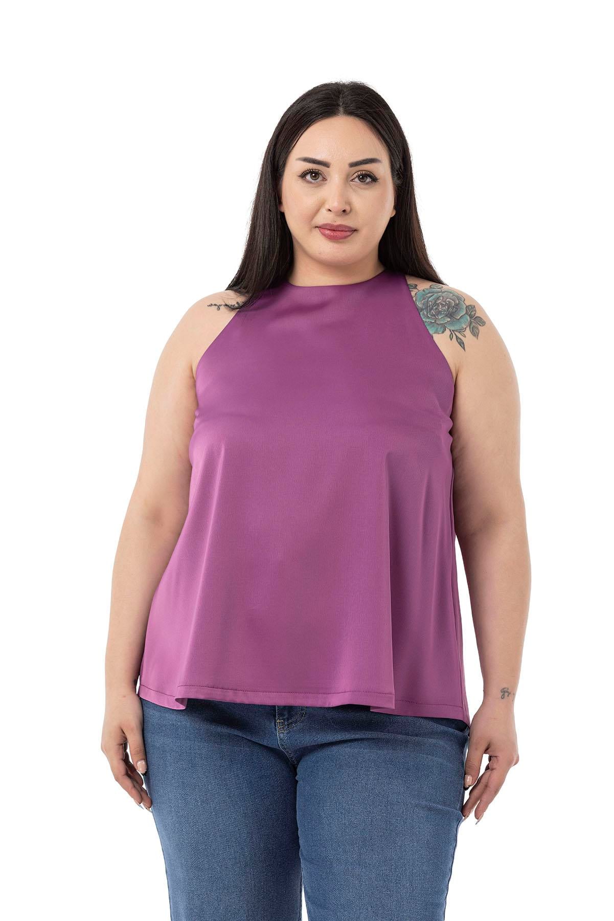 Plus Size Halter Neck Satin Textured Lined Lilac Blouse
