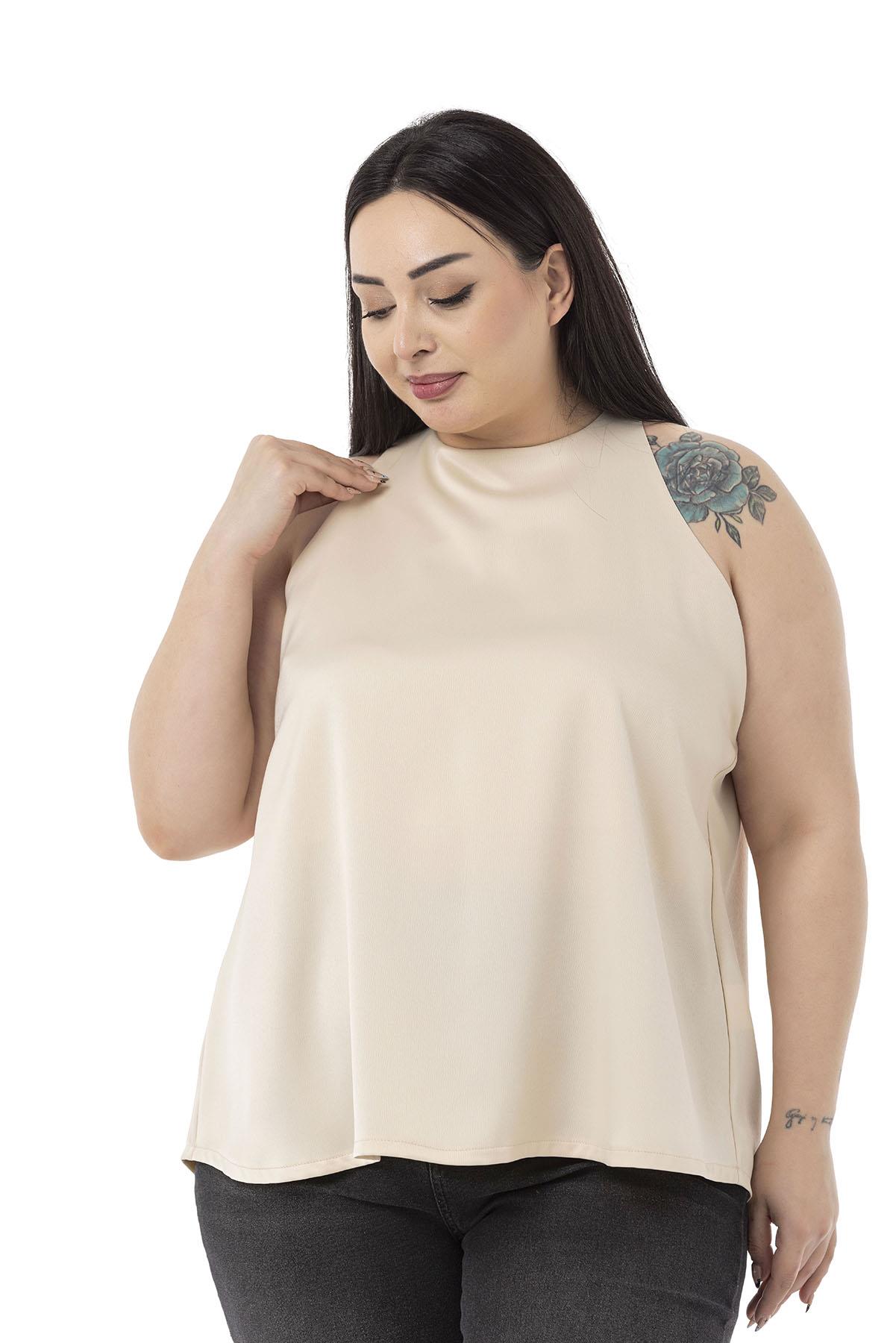 Plus Size Halter Neck Satin Textured Lined Offwhite Blouse