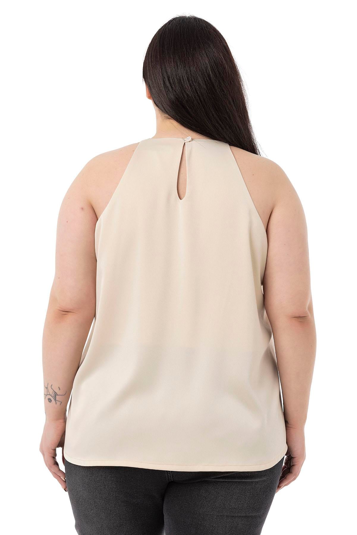 Plus Size Halter Neck Satin Textured Lined Offwhite Blouse