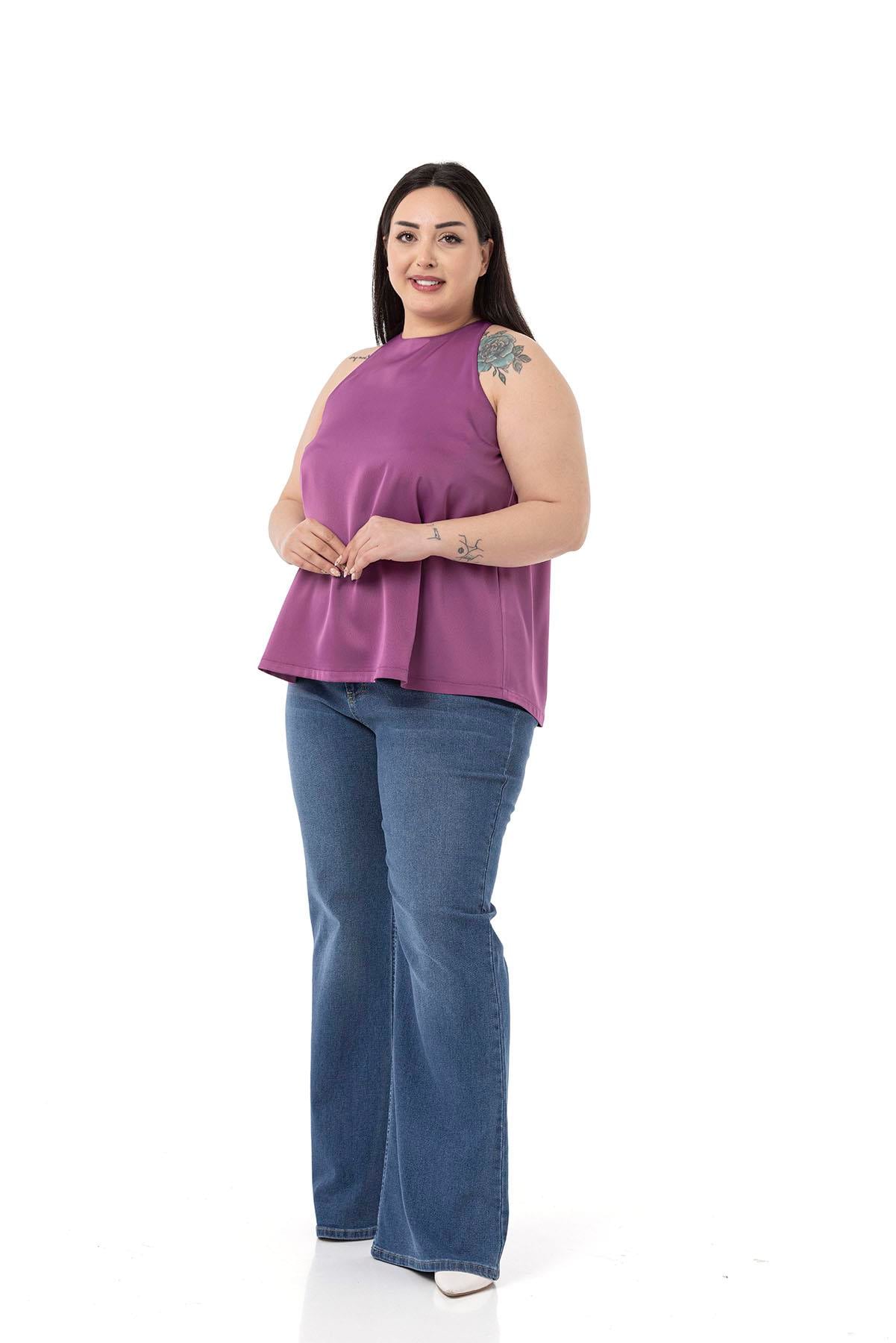 Plus Size Halter Neck Satin Textured Lined Lilac Blouse