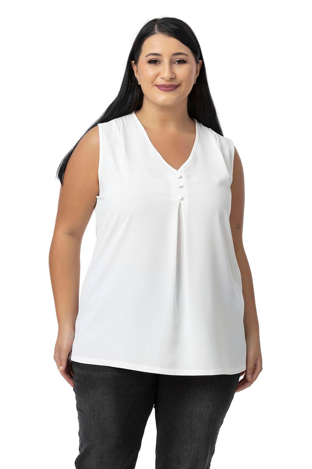 Plus Size Covered Button Detailed Sleeveless V Neck Black Blouse