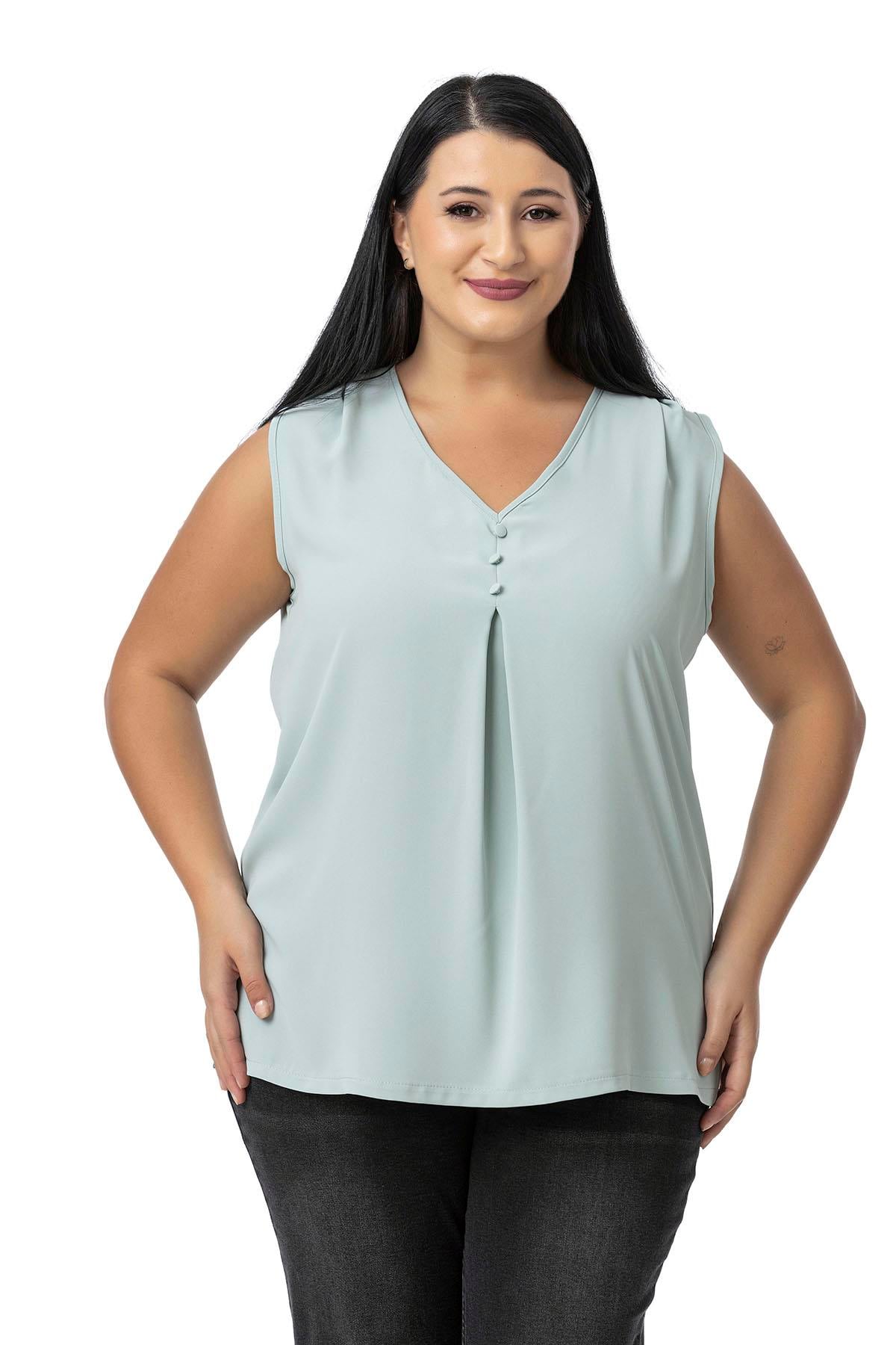 Plus Size Covered Button Detailed Sleeveless V Neck Mint Blouse