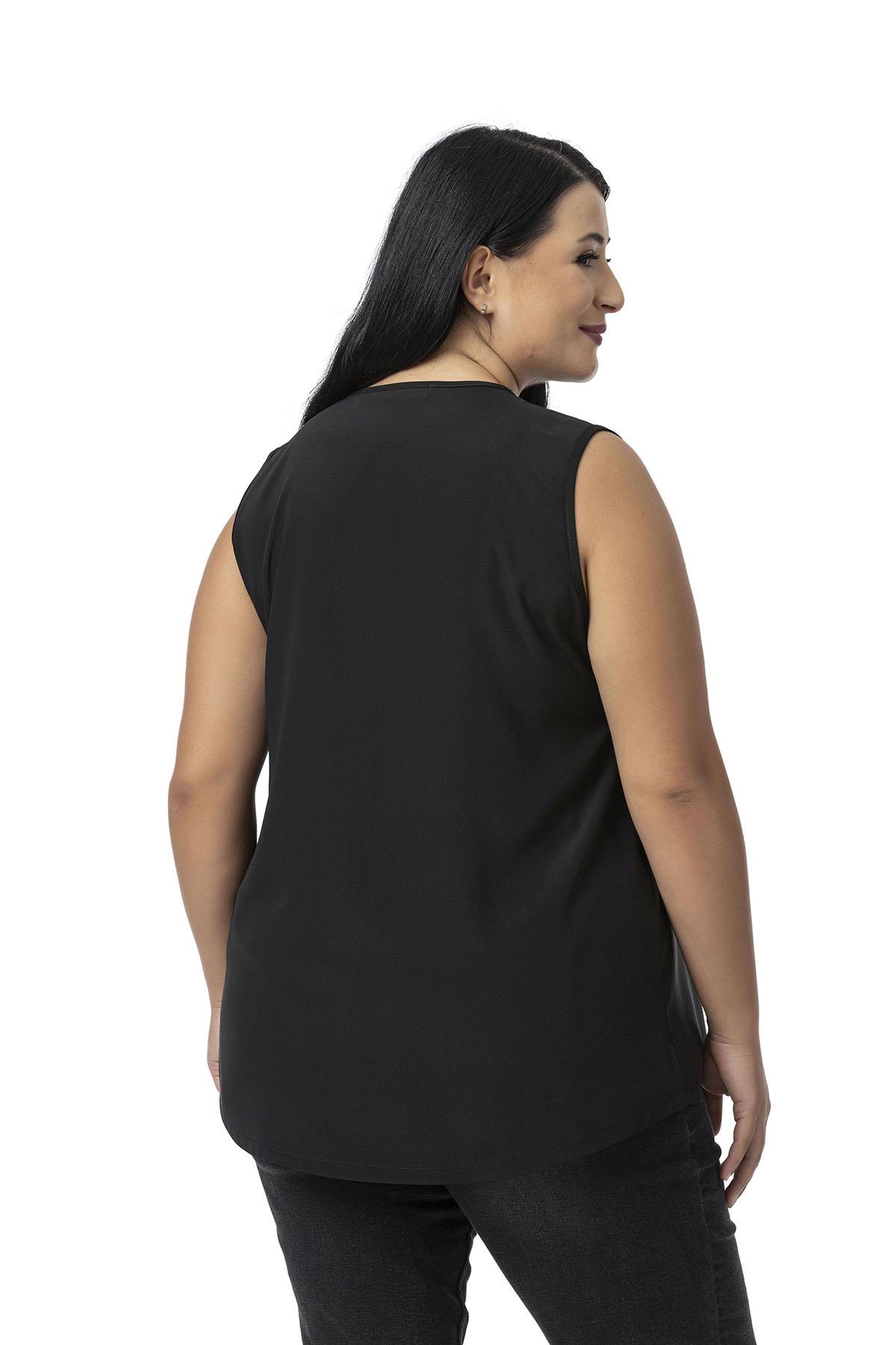 Plus Size Covered Button Detailed Sleeveless V Neck Black Blouse