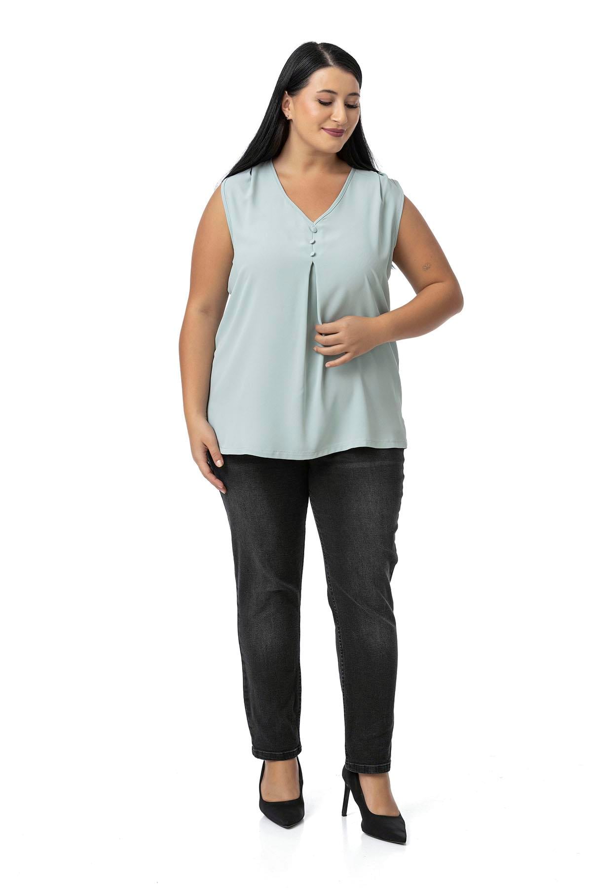 Plus Size Covered Button Detailed Sleeveless V Neck Mint Blouse