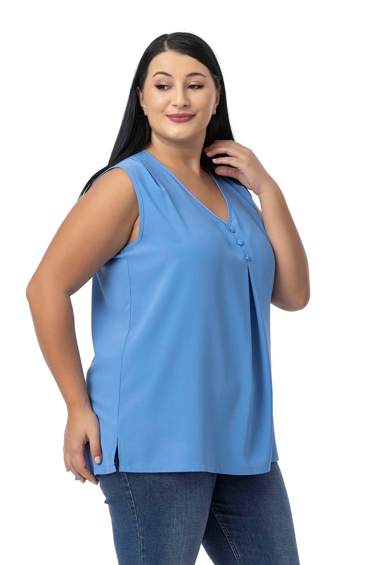 Plus Size Covered Button Detailed Sleeveless V Neck İndigo Blouse