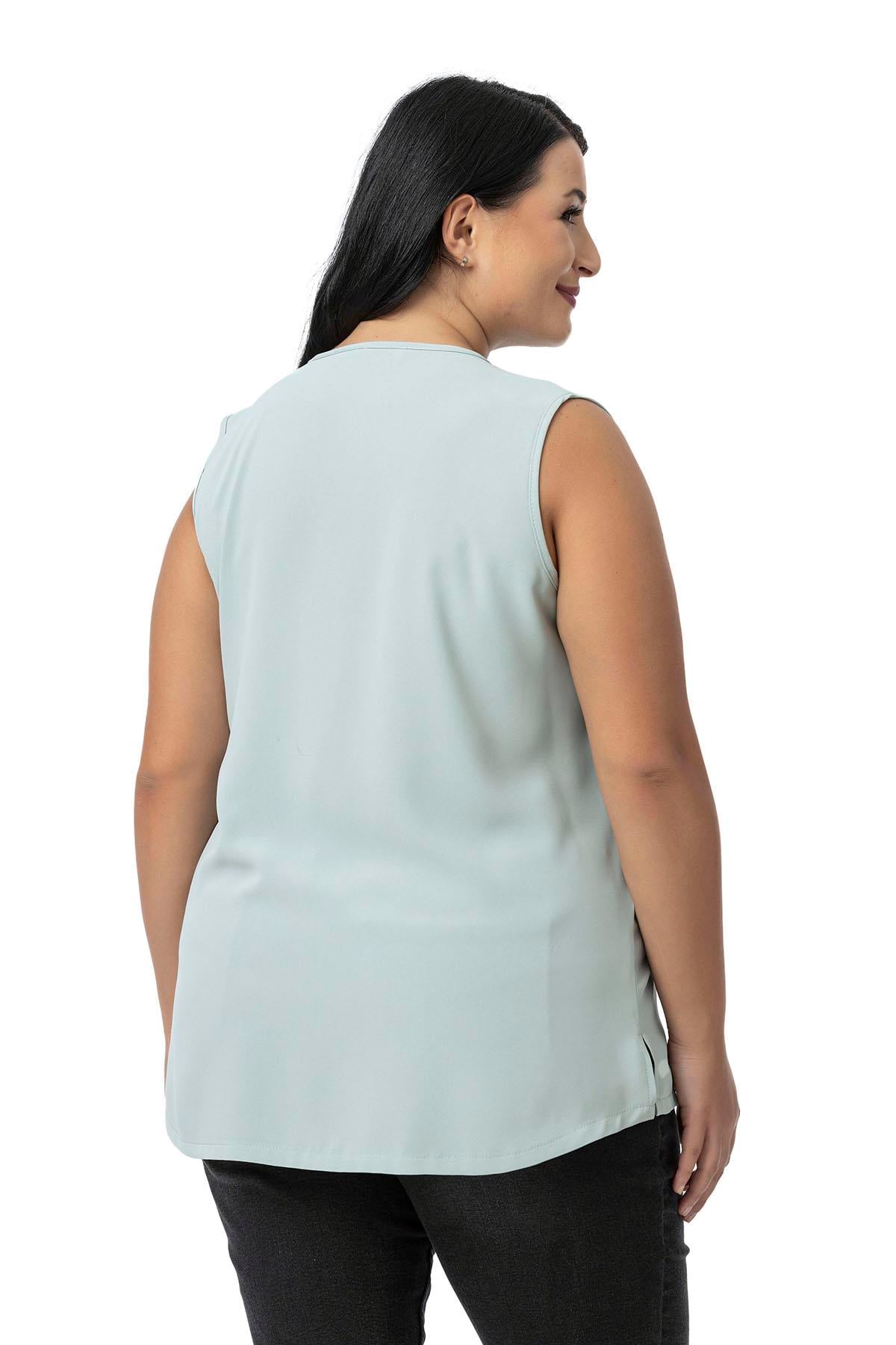 Plus Size Covered Button Detailed Sleeveless V Neck Mint Blouse