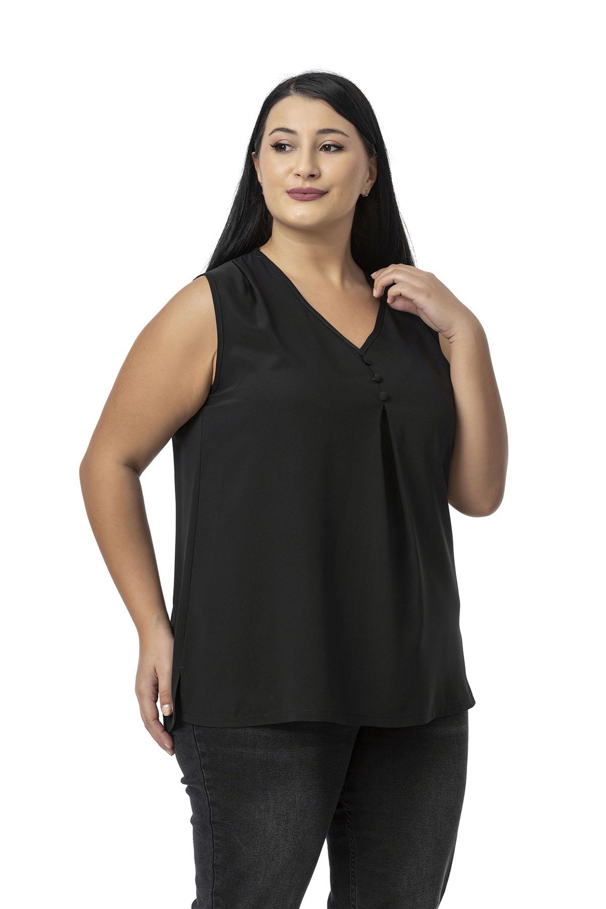 Plus Size Covered Button Detailed Sleeveless V Neck Black Blouse