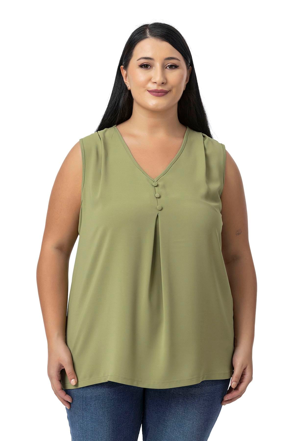Plus Size Covered Button Detailed Sleeveless V Neck Shamrock Blouse