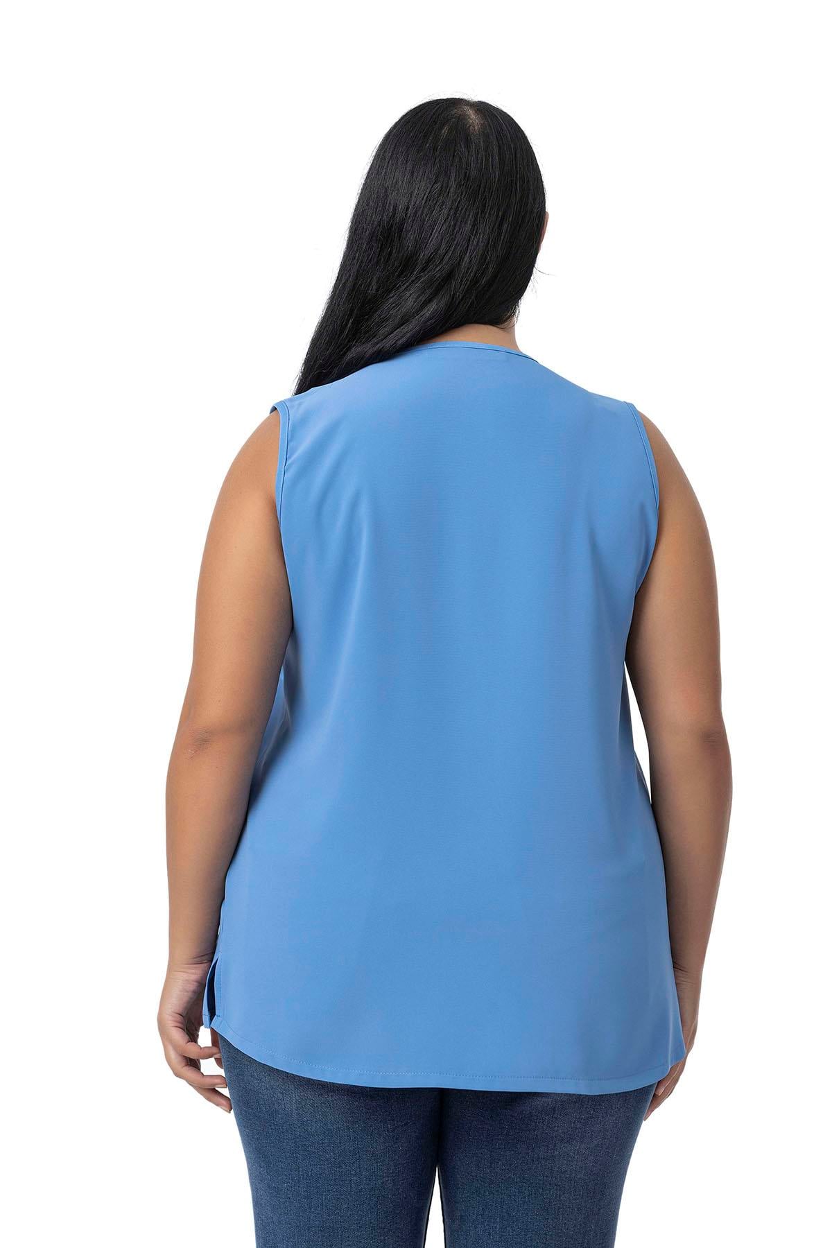 Plus Size Covered Button Detailed Sleeveless V Neck İndigo Blouse