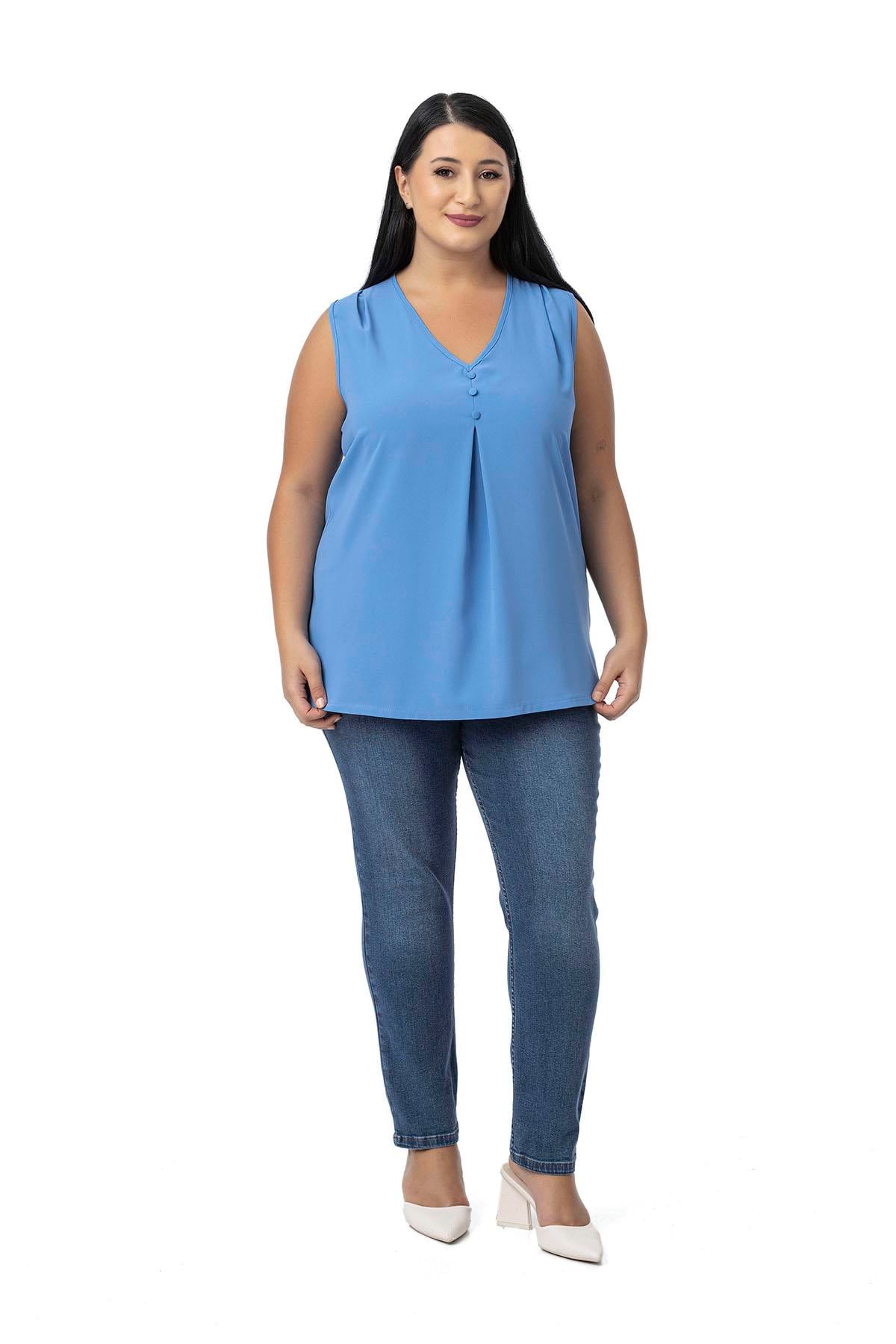 Plus Size Covered Button Detailed Sleeveless V Neck İndigo Blouse