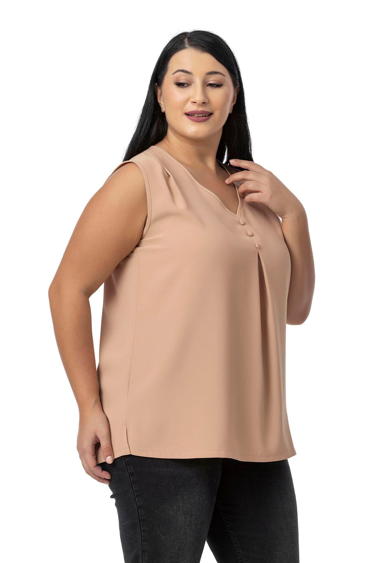 Plus Size Covered Button Detailed Sleeveless V Neck Camel Blouse