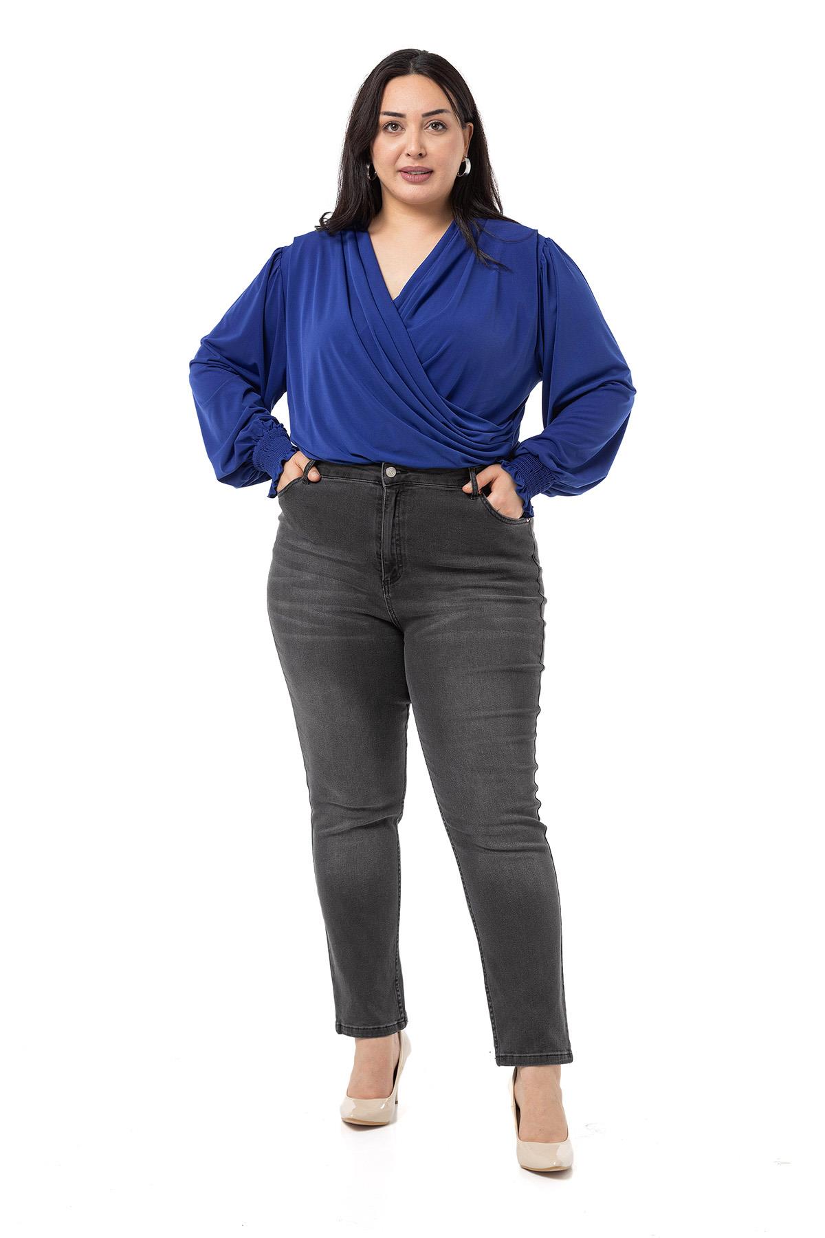 Plus Size Double Breasted Elastic Cuff Detailed Snap Indigo Blouse