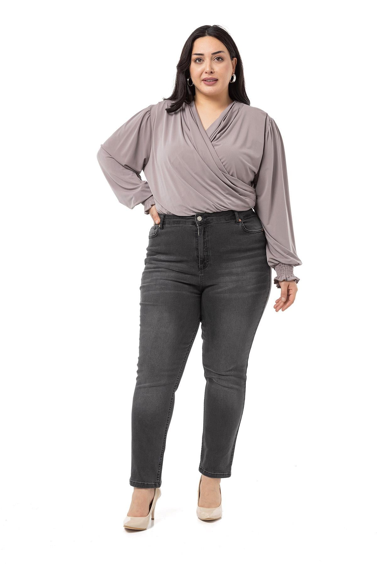 Plus Size Double Breasted Sleeve Elastic Gipe Detailed Snap Mink Blouse