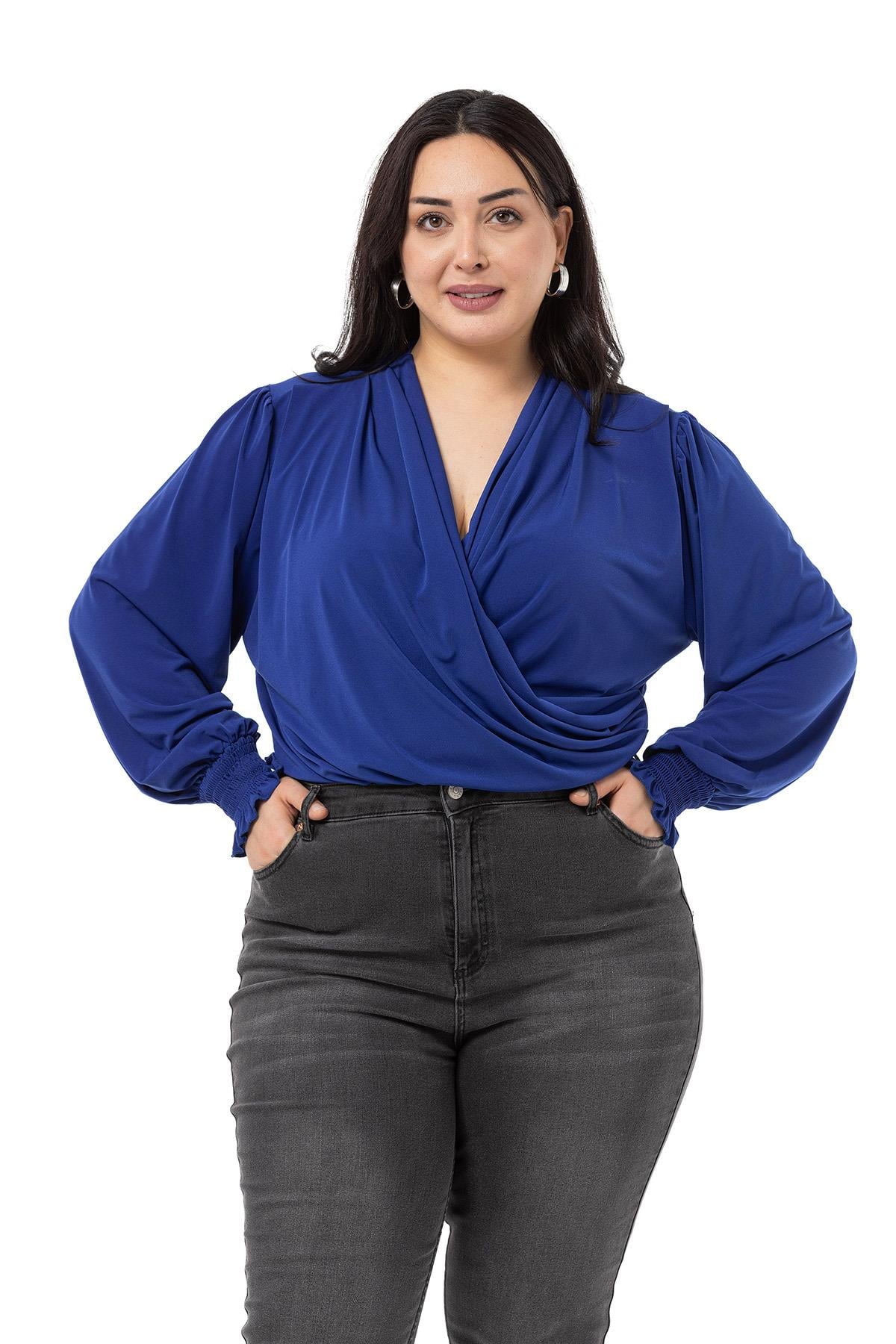 Plus Size Double Breasted Elastic Cuff Detailed Snap Indigo Blouse