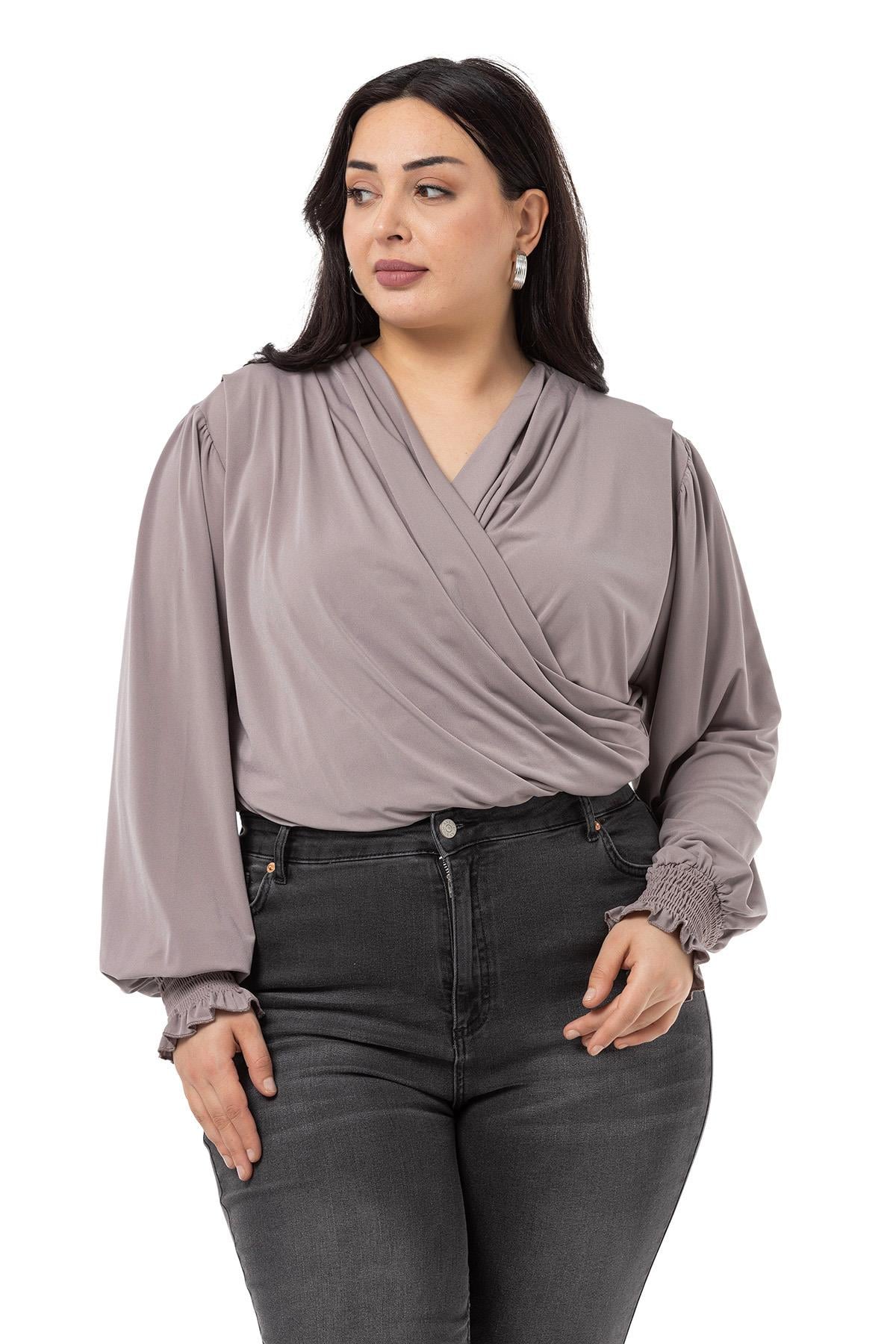 Plus Size Double Breasted Sleeve Elastic Gipe Detailed Snap Mink Blouse