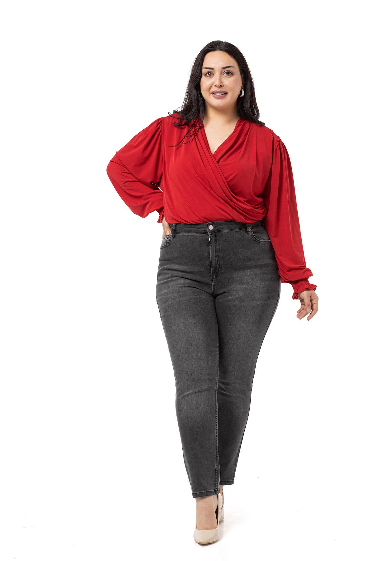 Plus Size Double Breasted Sleeve Elastic Gipe Detailed Snap Red Blouse