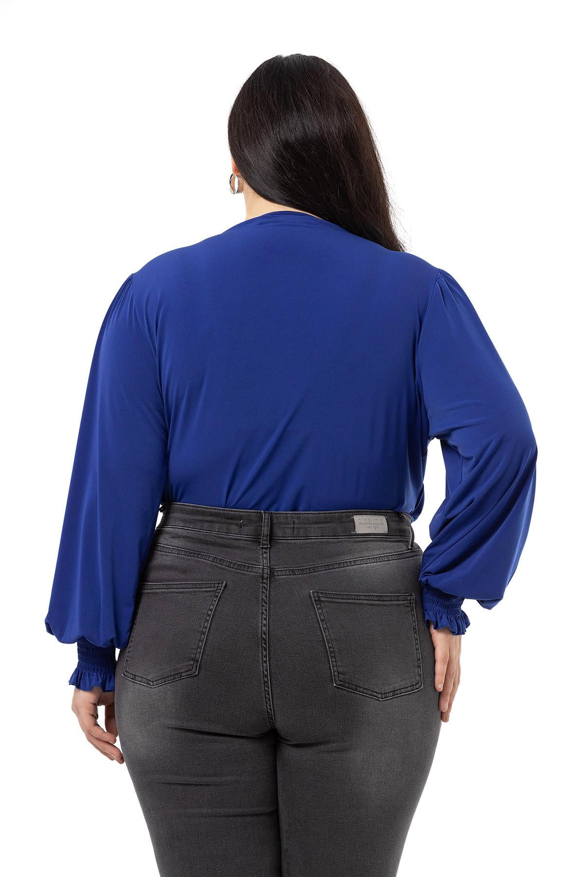 Plus Size Double Breasted Elastic Cuff Detailed Snap Indigo Blouse