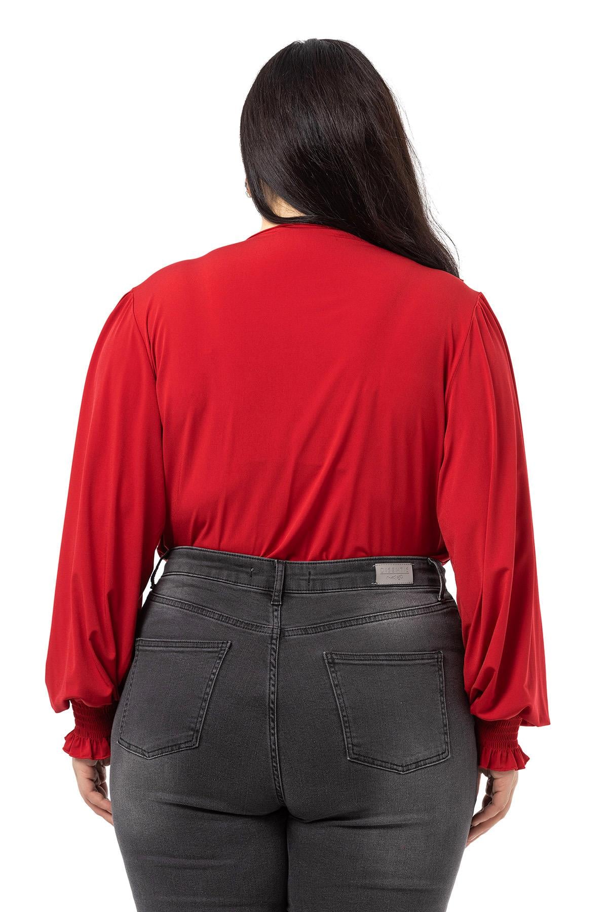 Plus Size Double Breasted Sleeve Elastic Gipe Detailed Snap Red Blouse