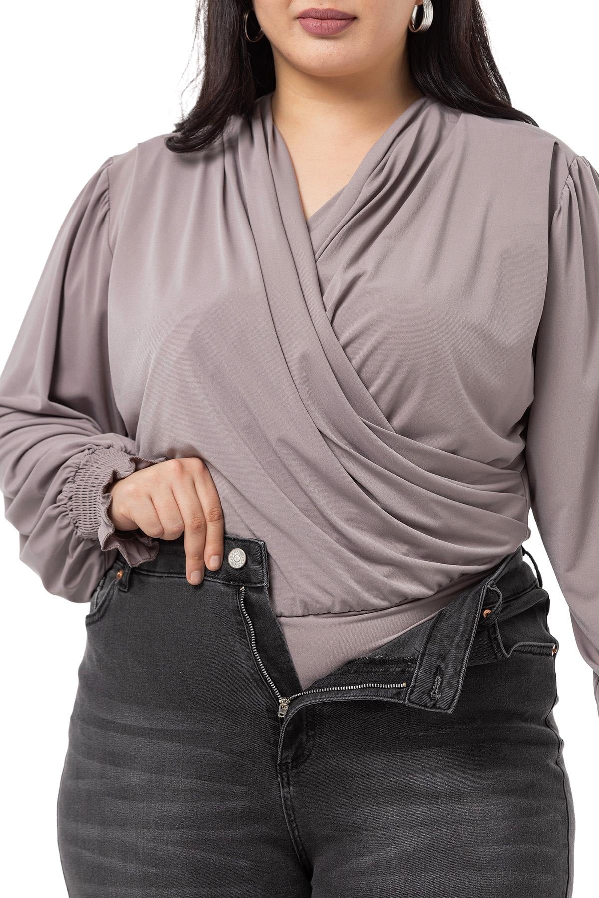 Plus Size Double Breasted Sleeve Elastic Gipe Detailed Snap Mink Blouse