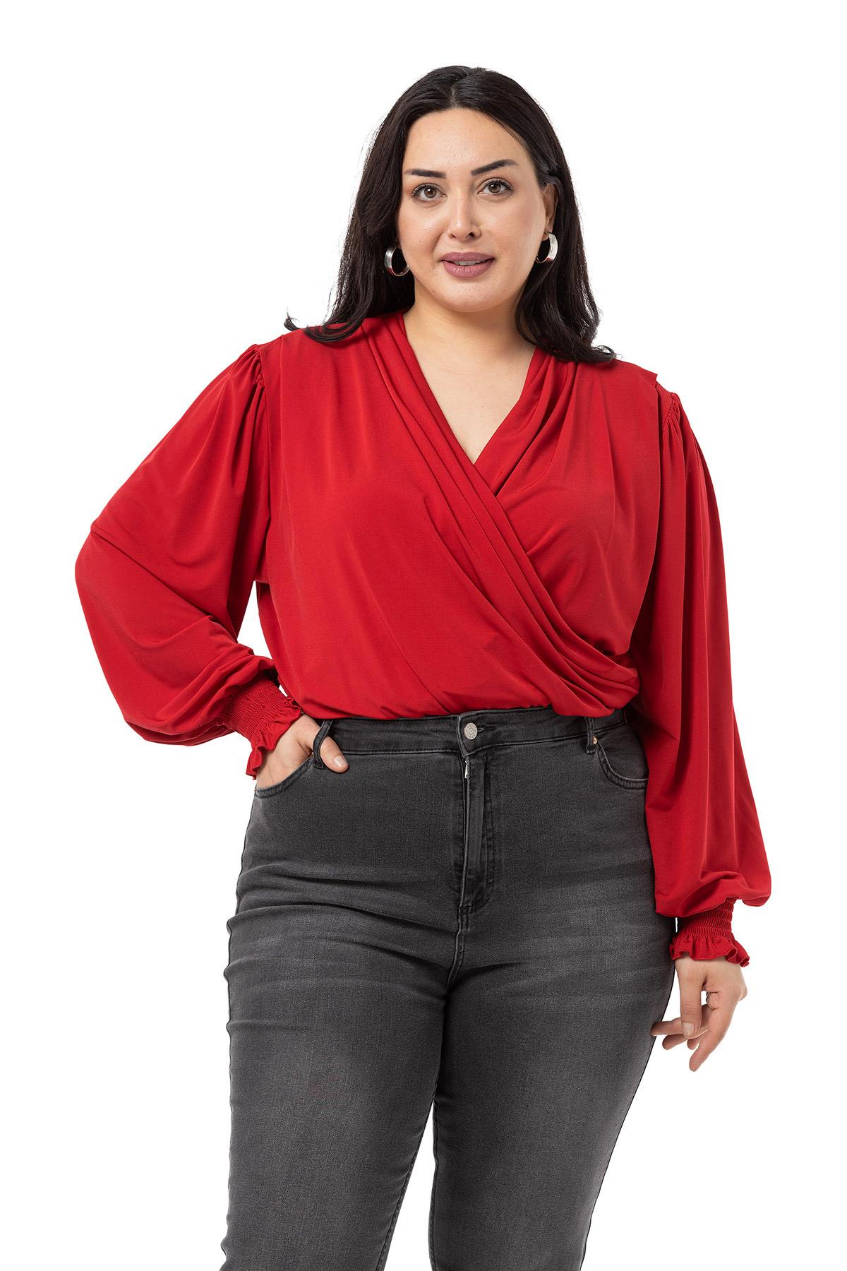 Plus Size Double Breasted Sleeve Elastic Gipe Detailed Snap Red Blouse